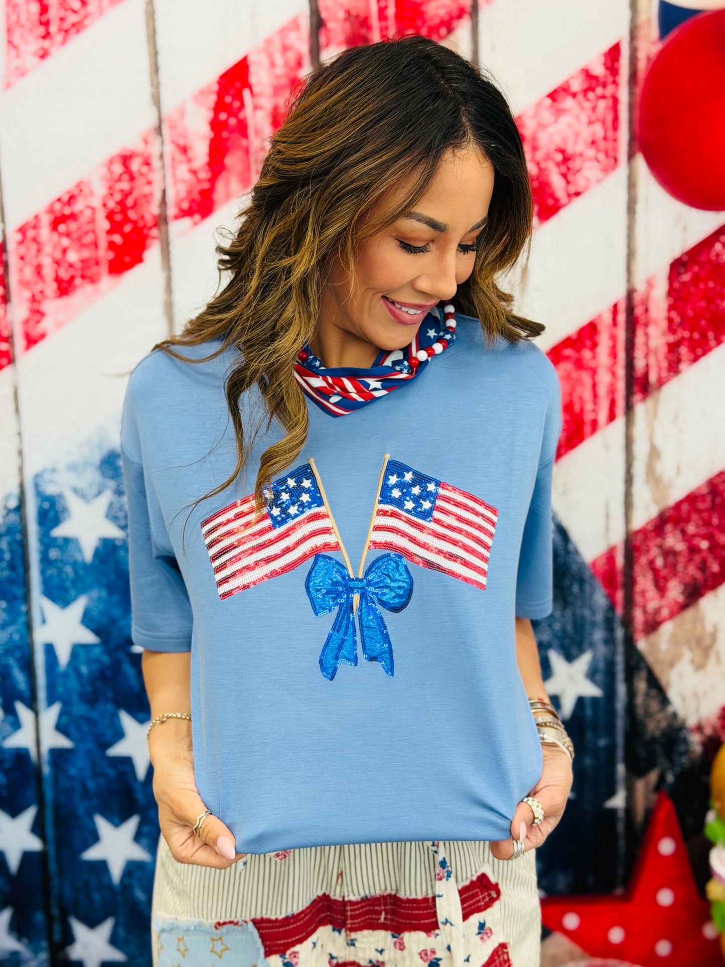 Blue Luxe Liberty Bow Flags Top (Reg & Plus)