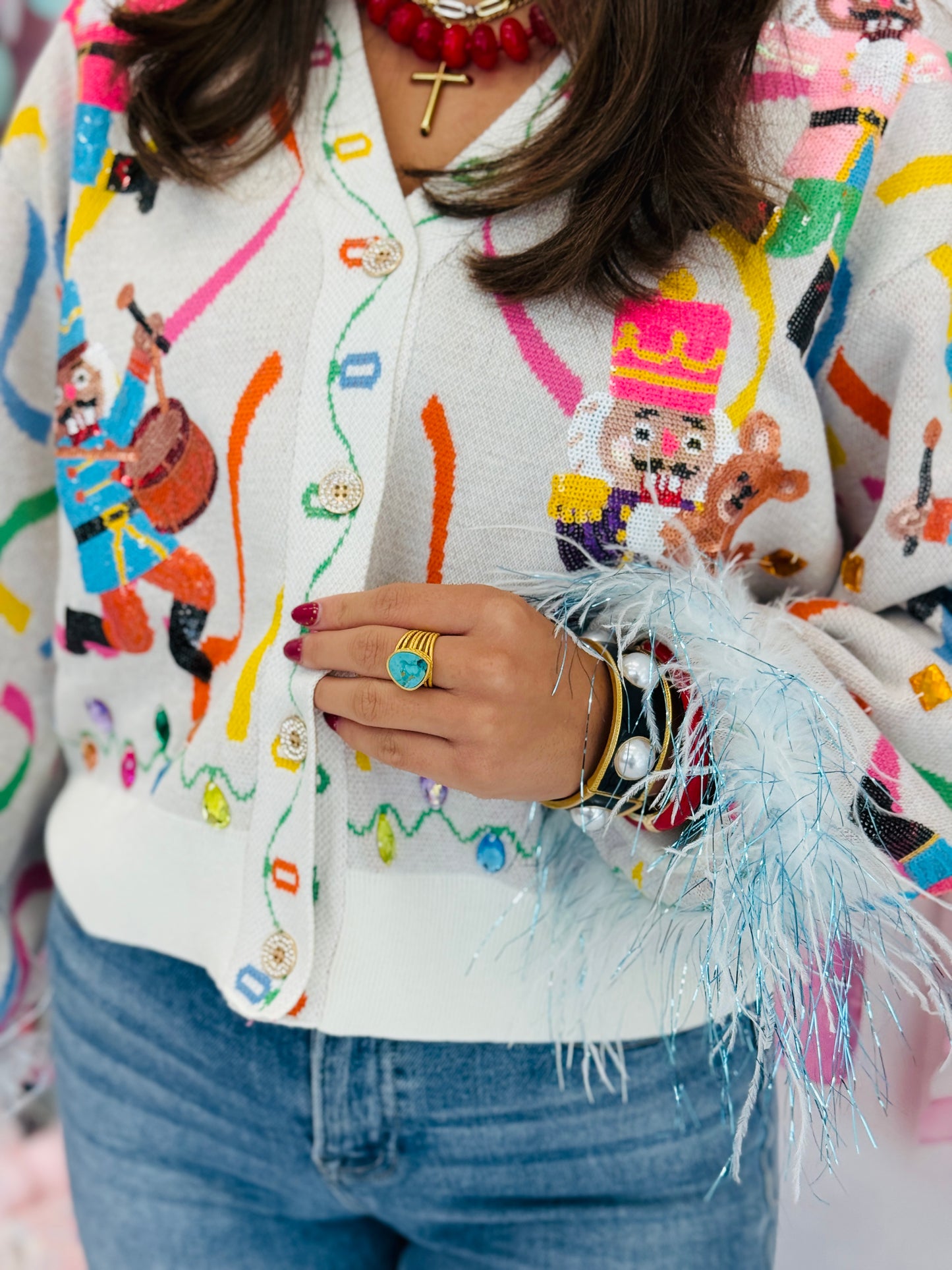 Queen Of Sparkles Multi Drummin Nutcracker Button Up Feather Sleeve Cardigan (Reg. & Plus)