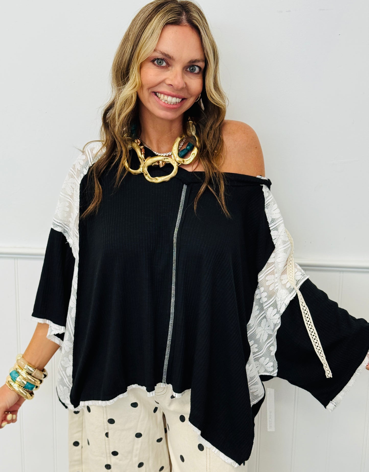POL Black Ribbed Knit & Lace Hoodie Top (Reg.)