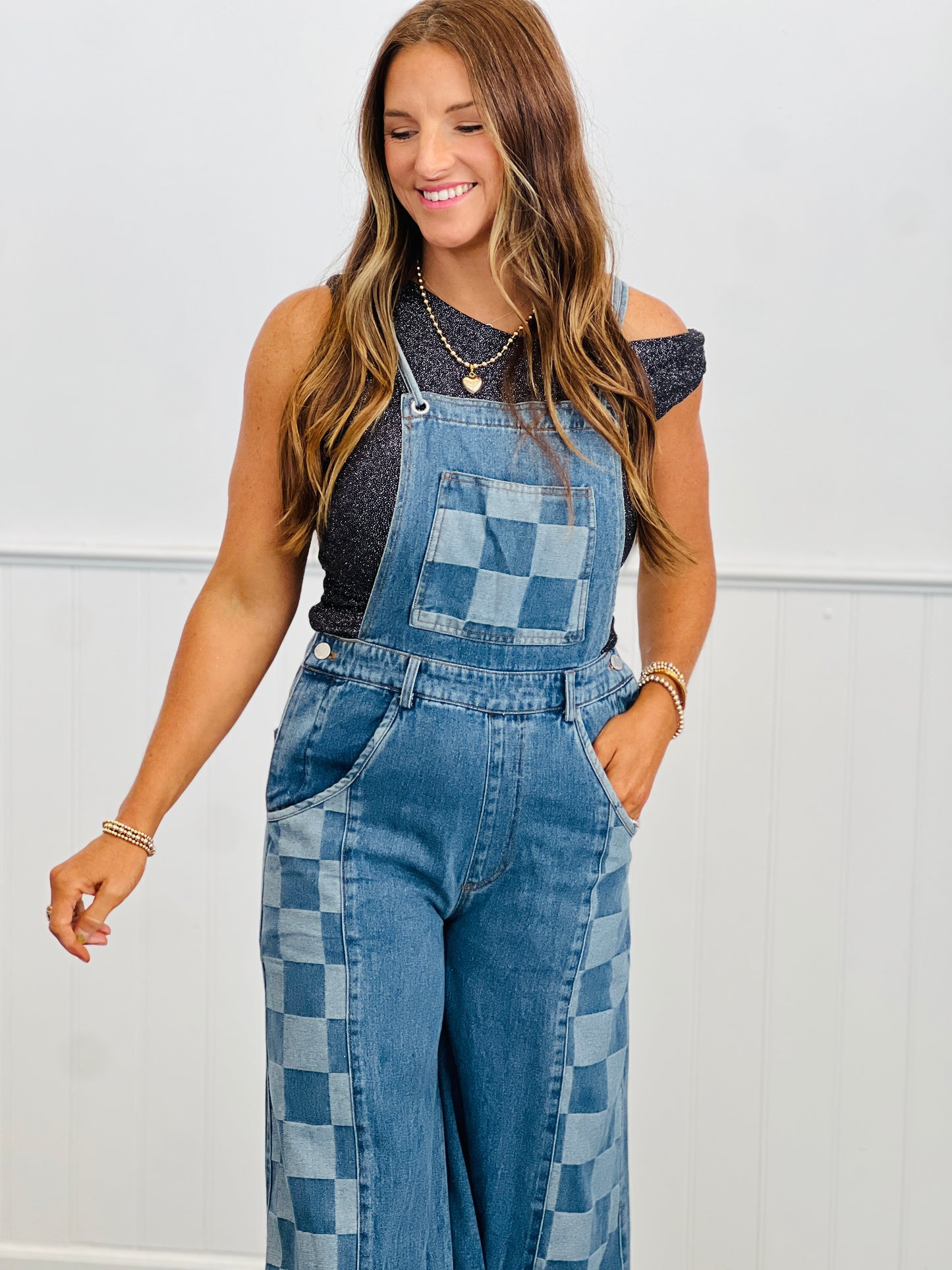Light Denim Checkerboard Overalls (Reg & Plus)
