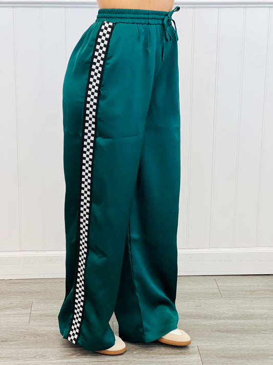 Green Checkered Side Stripes Satin Pants (Reg & Plus)