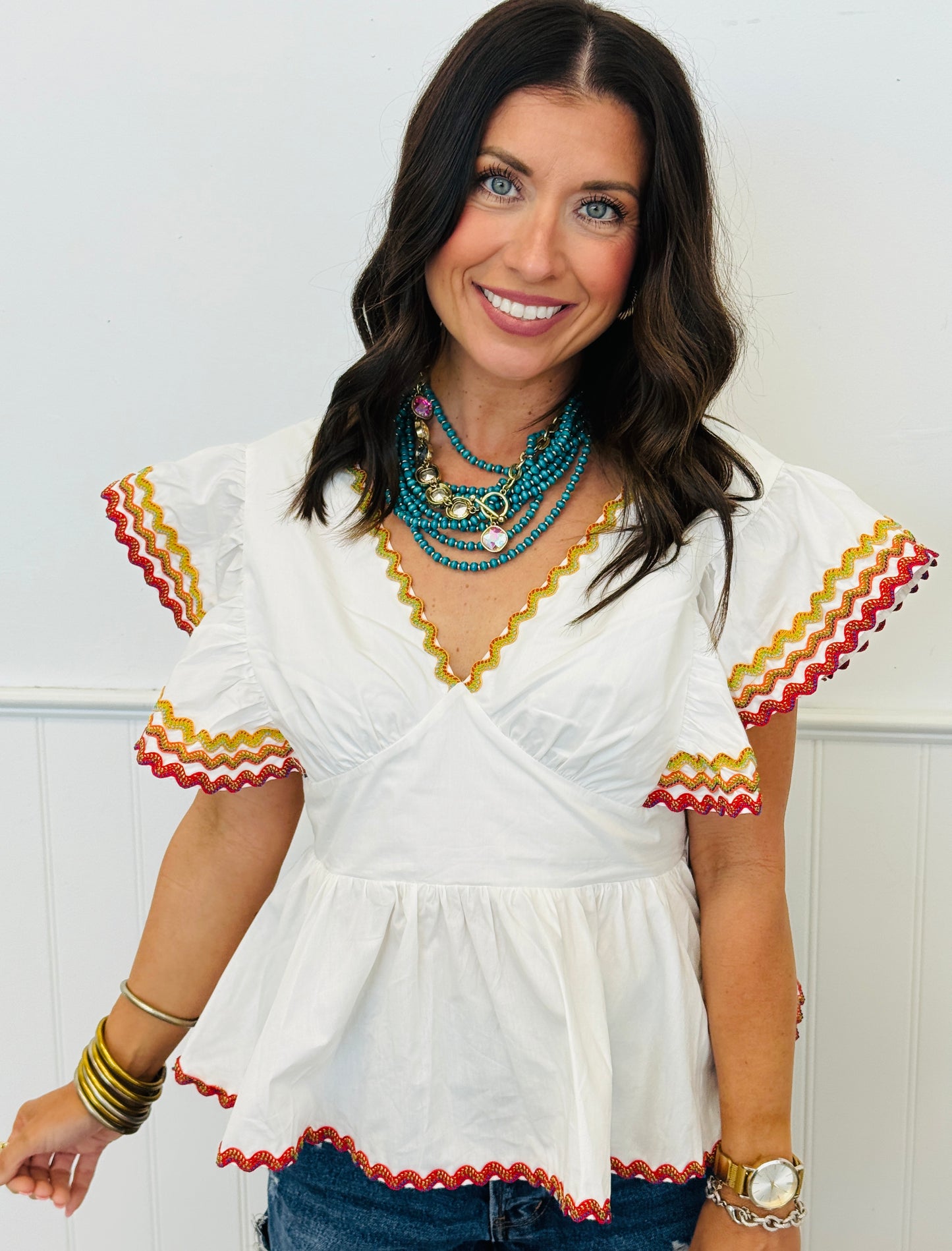 White Open Tie Back Embroidered Trim Blouse (Reg & Plus)