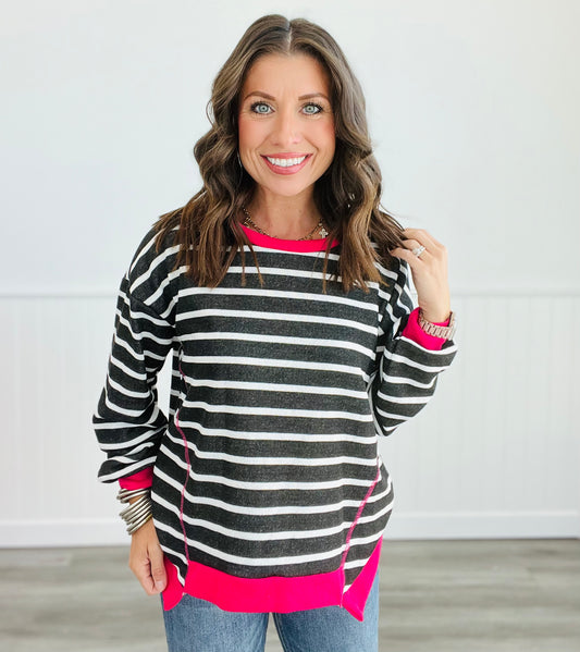 Black/Fuchsia Striped Long Sleeve Top (Reg.)