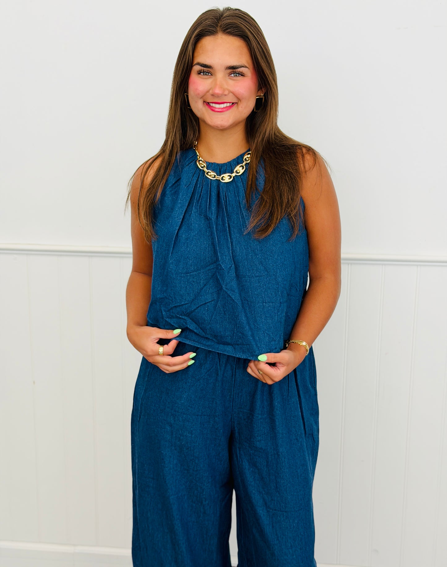 Dark Denim Popover Sleeveless Jumpsuit (Reg & Plus)