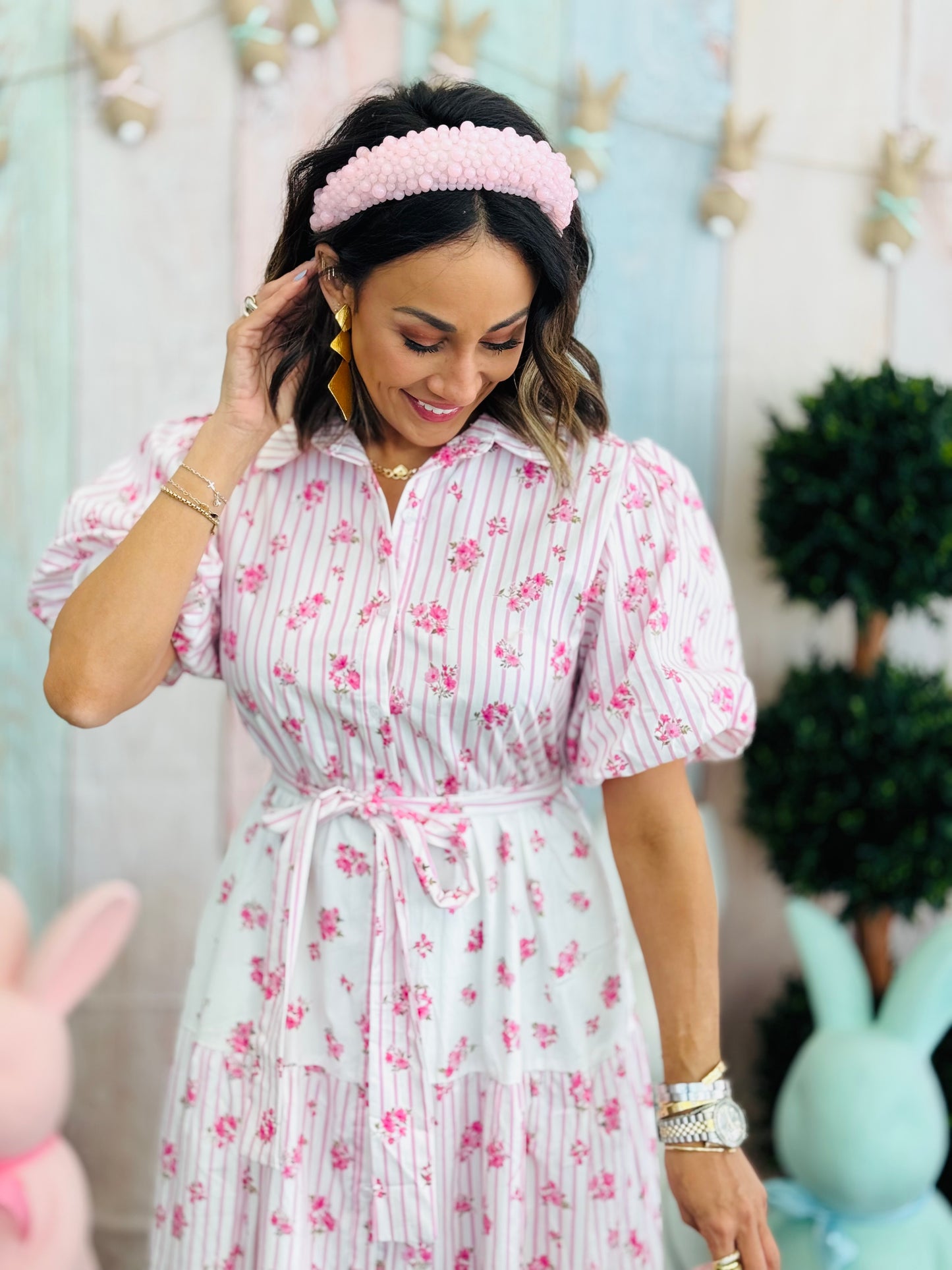 Pink Stripe/Floral Midi Shirt Dress (Reg)