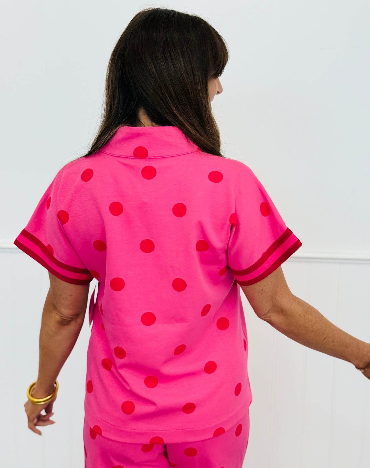 Hot Pink Polka Dot Half Zip Short Sleeve Top (Reg.)