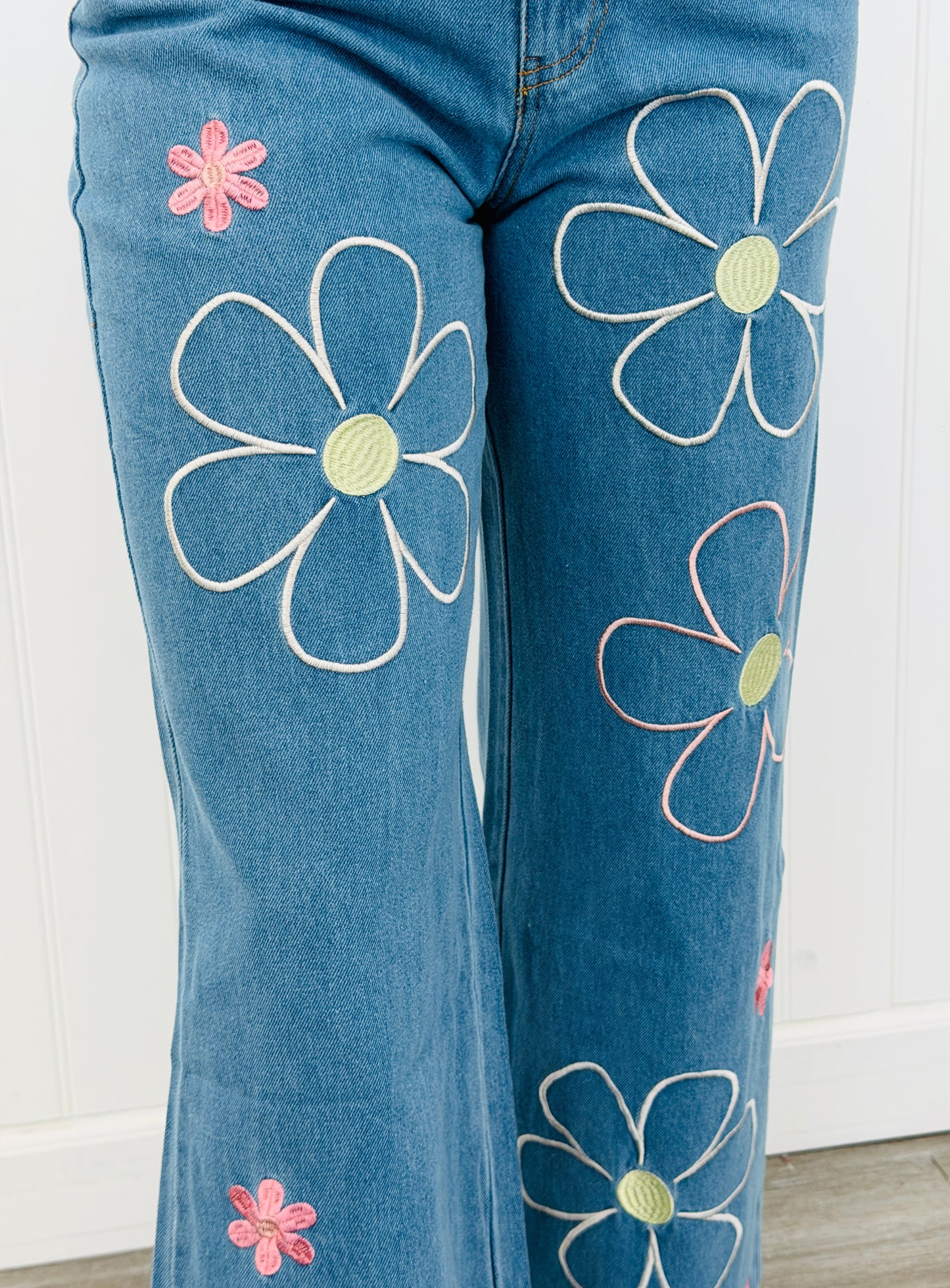 Denim Blue Embroidered Floral Pants (Reg & Plus)