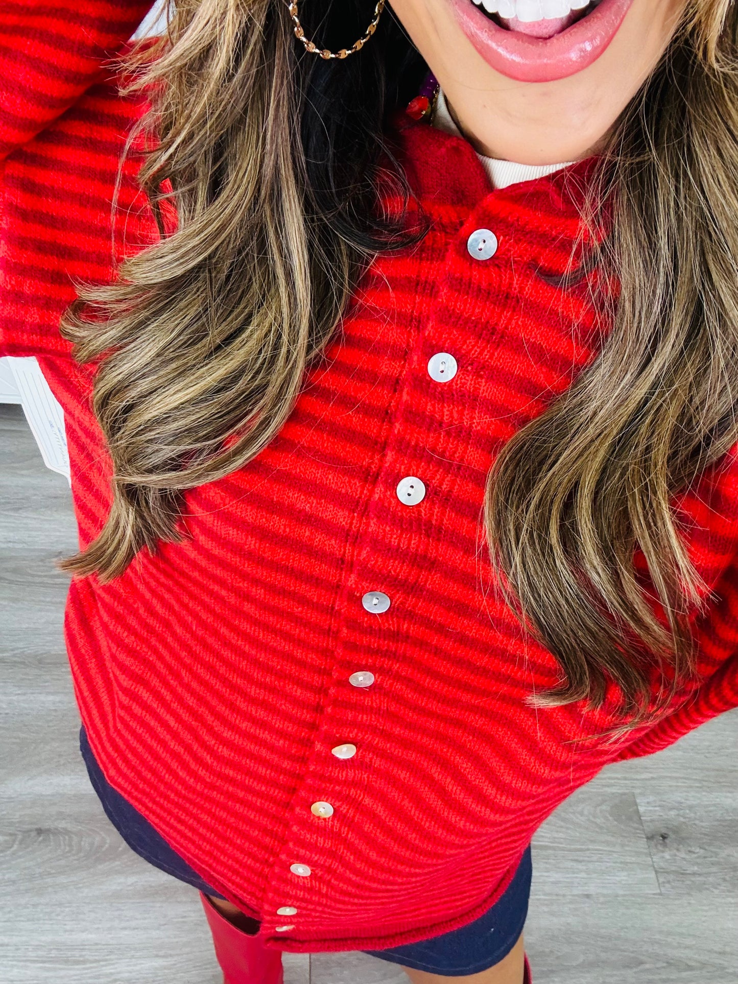 Red Striped Button Up Sweater Cardigan (Reg.)