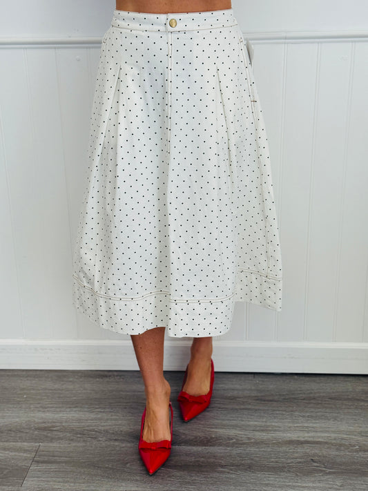 White Denim Polka Dot Pleated Midi Skirt (Reg & Plus)