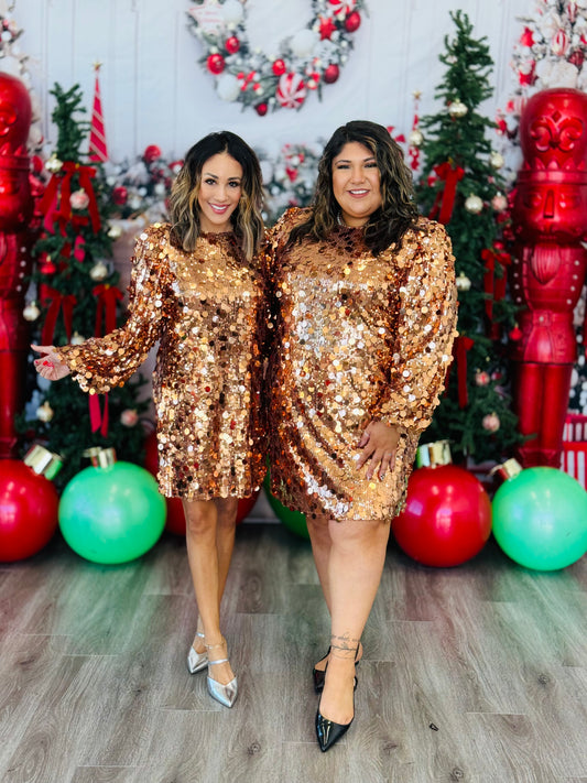 Copper Paillette Sequin Mini Dress (Reg. & Plus)