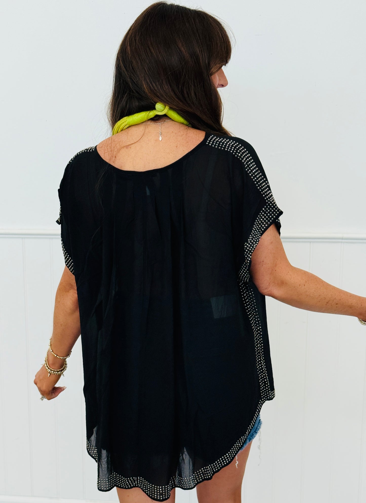 Semi Sheer Rhinestone Top (Reg. and Plus)-4 Colors