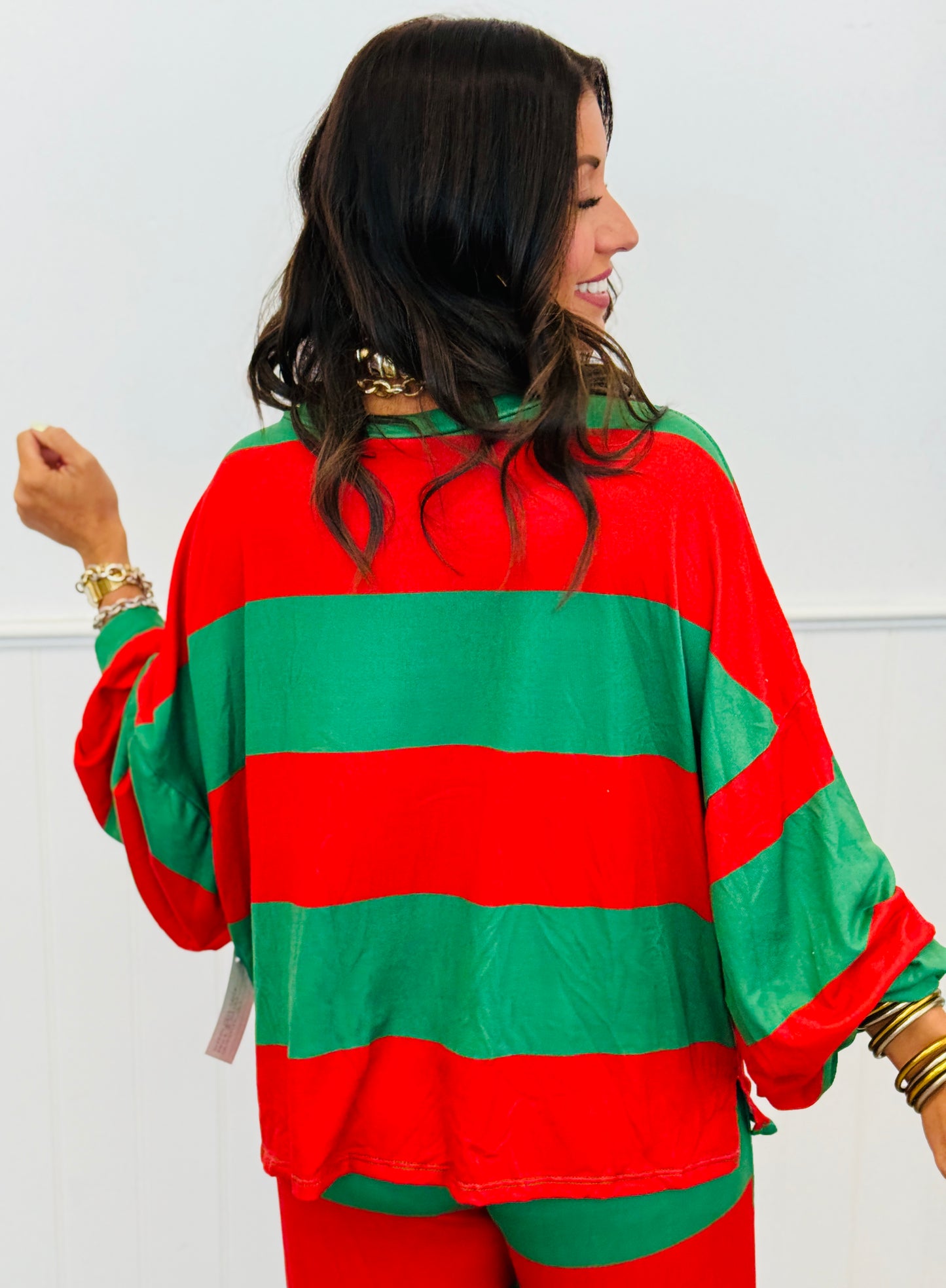 Red/Green Striped Top & Pants Set (Reg. and Plus)