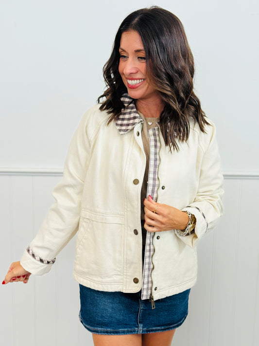 Ecru Plaid Contrast Zip & Snap Jacket (Reg.)