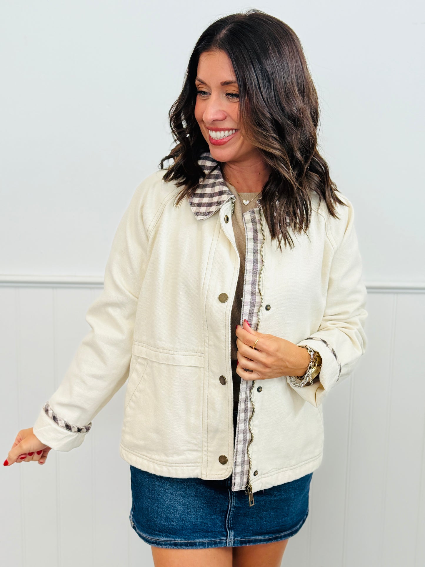 Ecru Plaid Contrast Zip & Snap Jacket (Reg.)