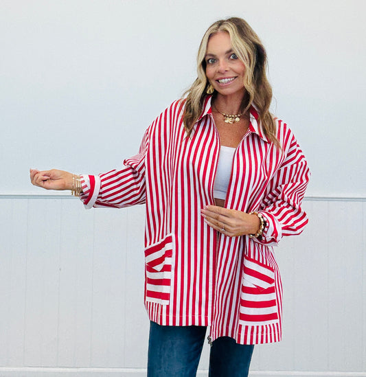 Red Striped Zip Up Shacket (Reg & Plus)