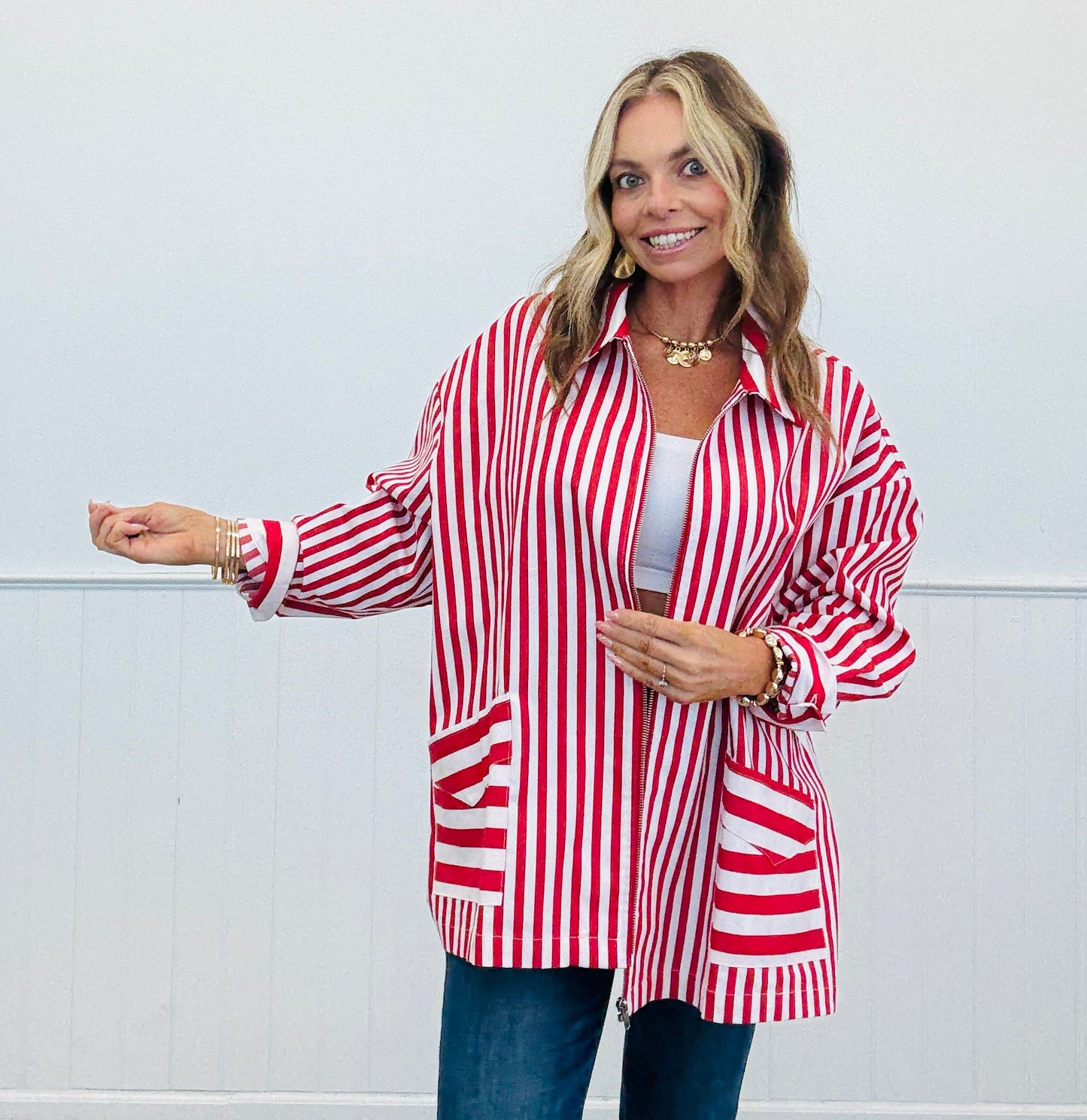 Red Striped Zip Up Shacket (Reg & Plus)