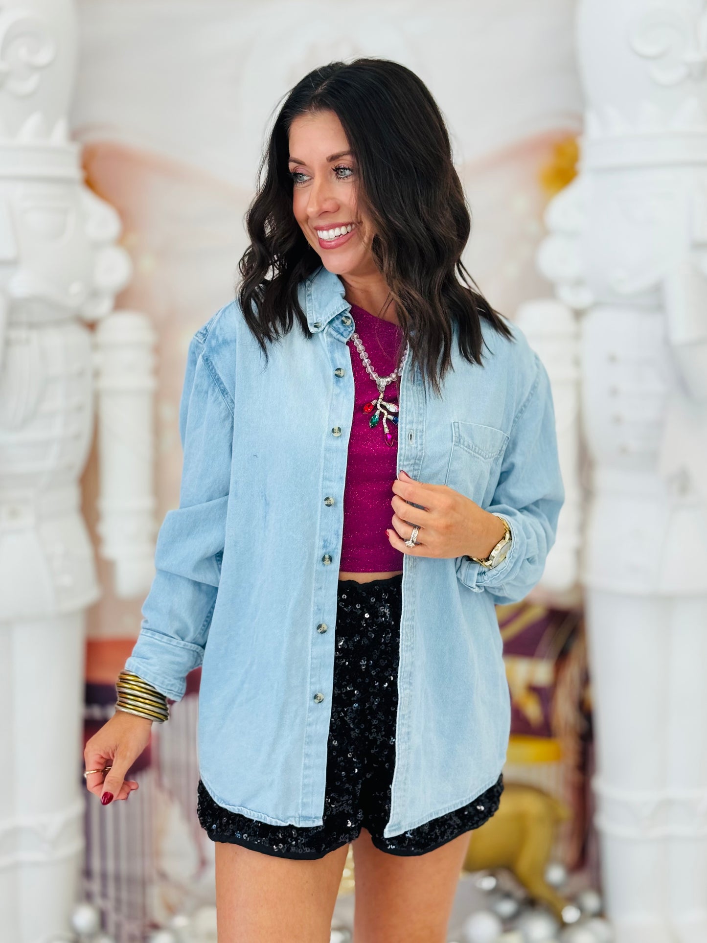 Denim Pink Santa Hat Rhinestone Button Up Top (Reg. and Plus)