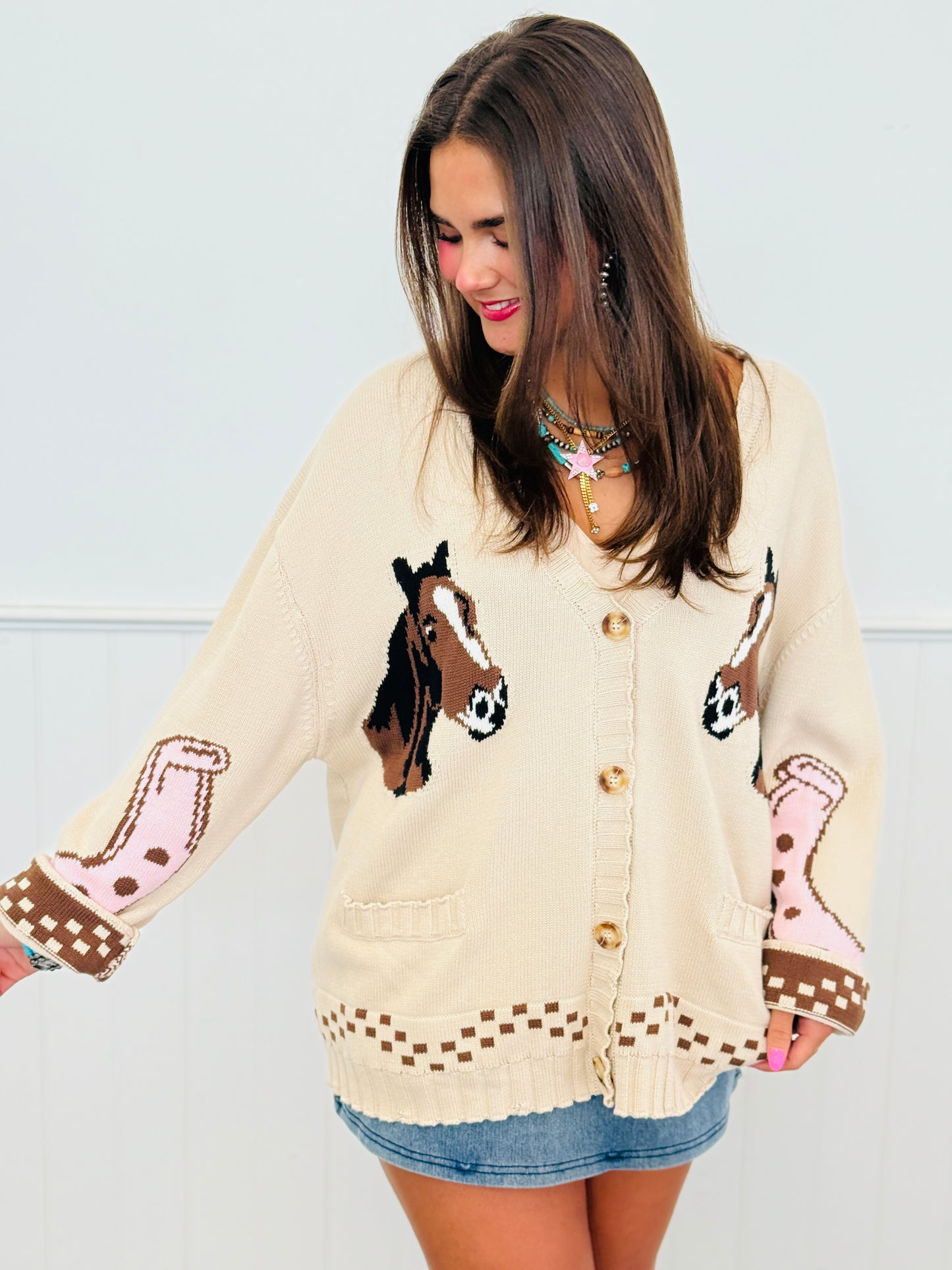 Taupe Horse Button Up Cardigan (Reg.)