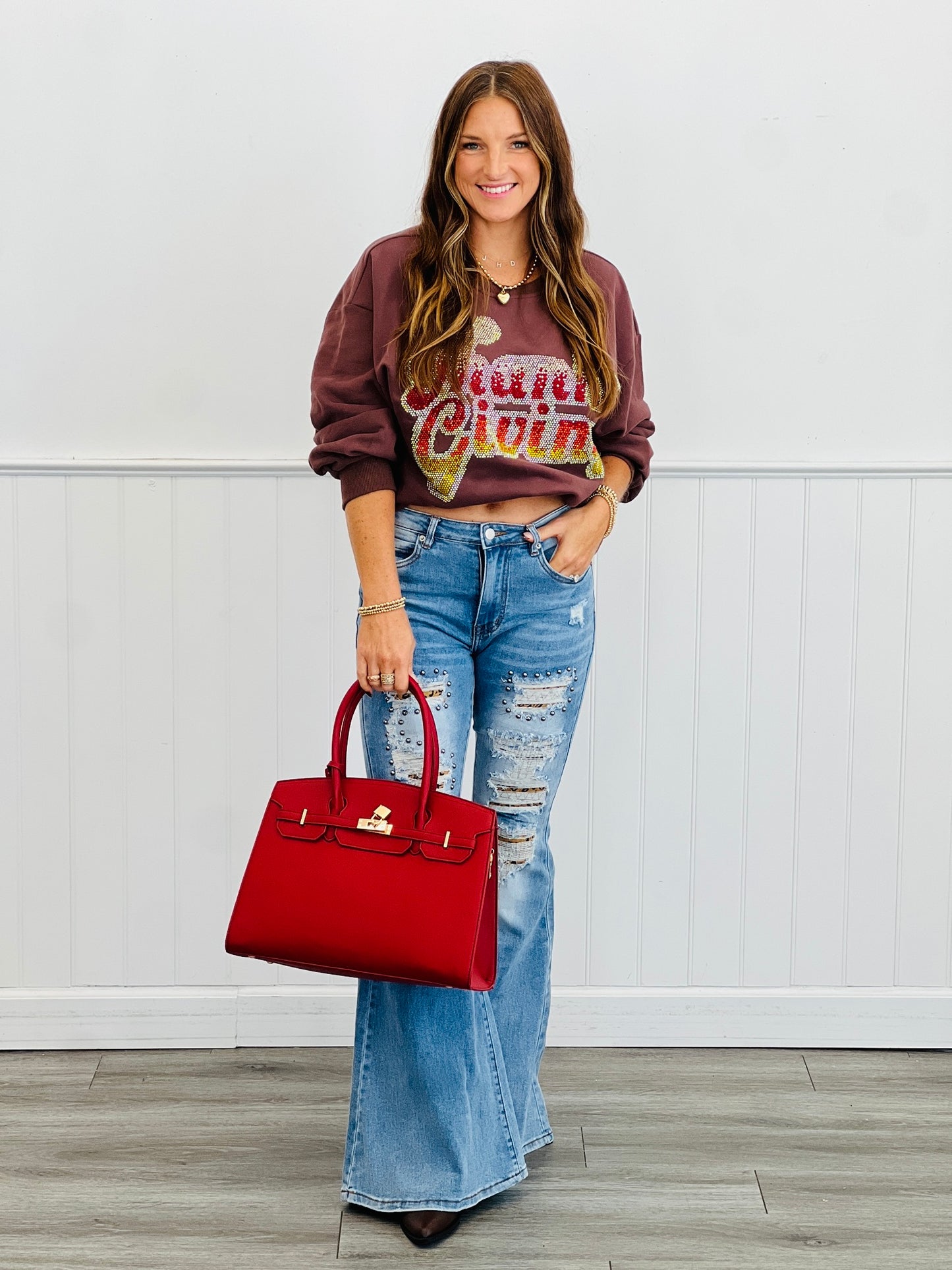 Queen Of Sparkles Brown Rhinestone Thanksgiving Sweatshirt (Reg. and Plus)