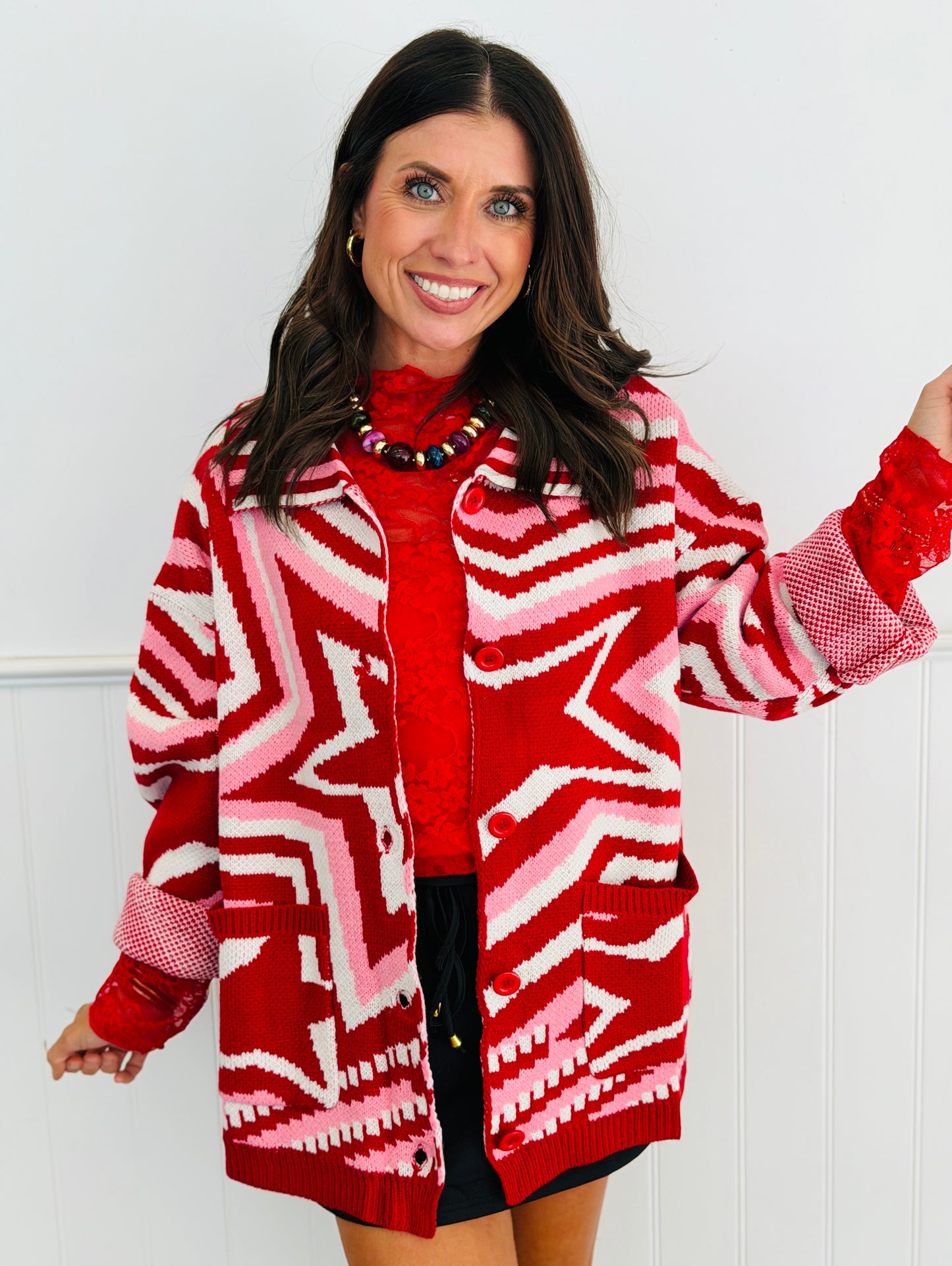 Red Multi Stars Sweater Cardigan (Reg & Plus)