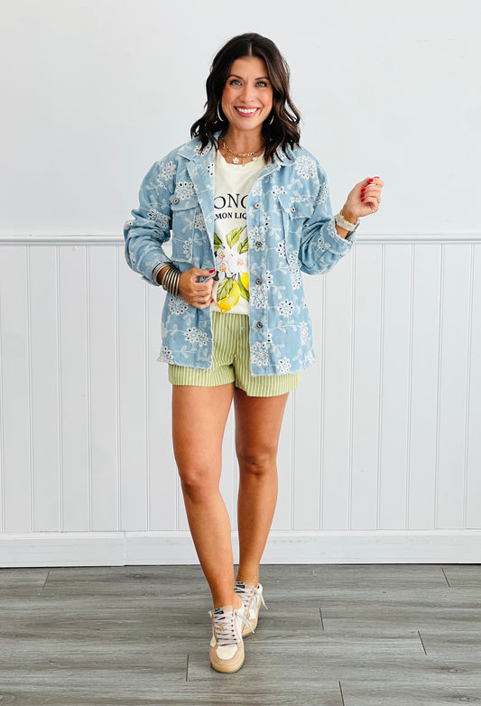 Light Denim Eyelet Embroidered Jacket (Reg and Plus)