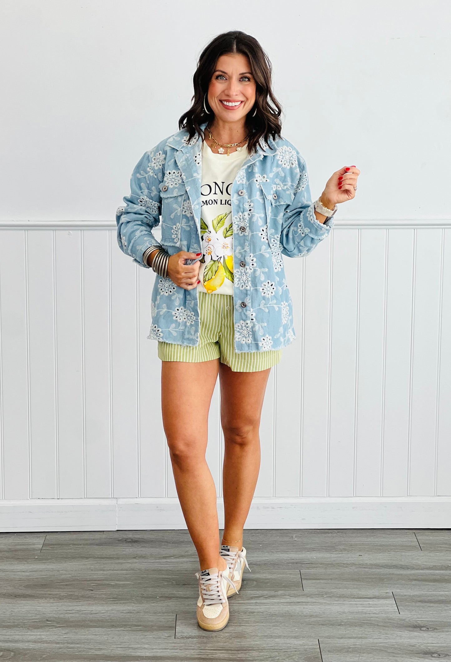 Light Denim Eyelet Embroidered Jacket (Reg and Plus)