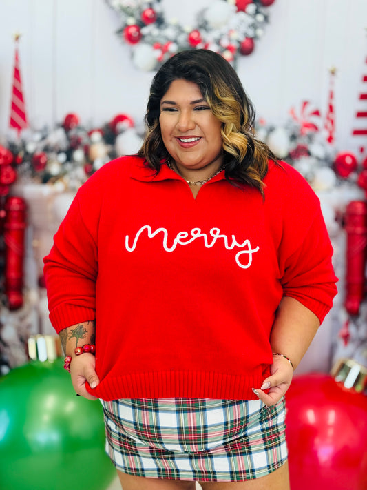 Red Merry Fold Over Collar Sweater (Reg. and Plus)