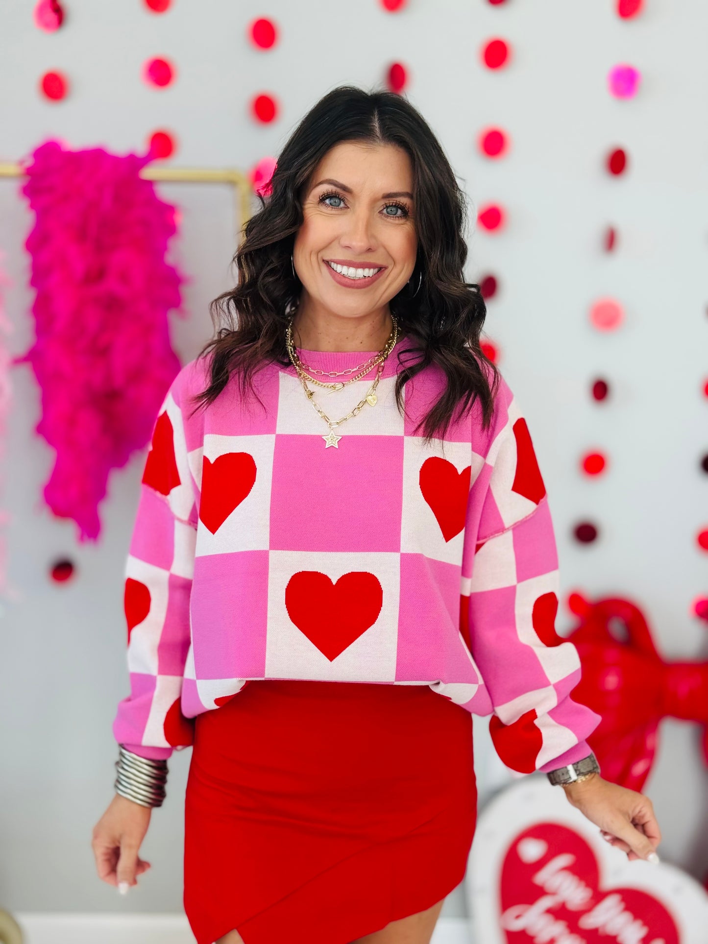 Pink Combo Checkered Heart Sweater Top (Reg.)