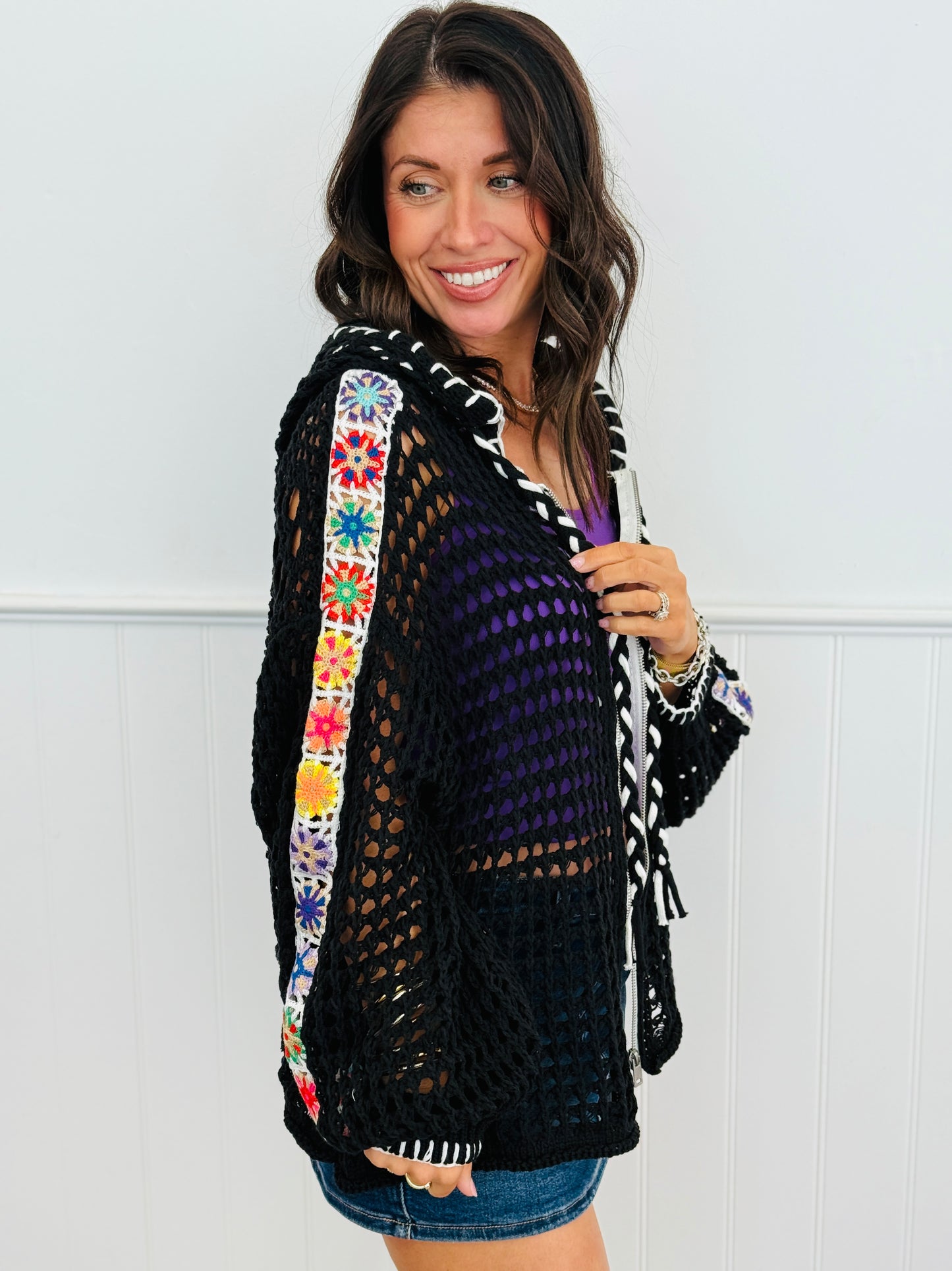 POL Open Weave Zip It Hoodie Cardi Top (Reg.)-3 Colors