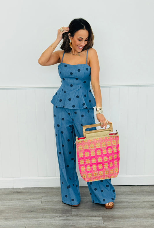 Denim Blue Polka Dot Wide Leg Pants (Reg.)