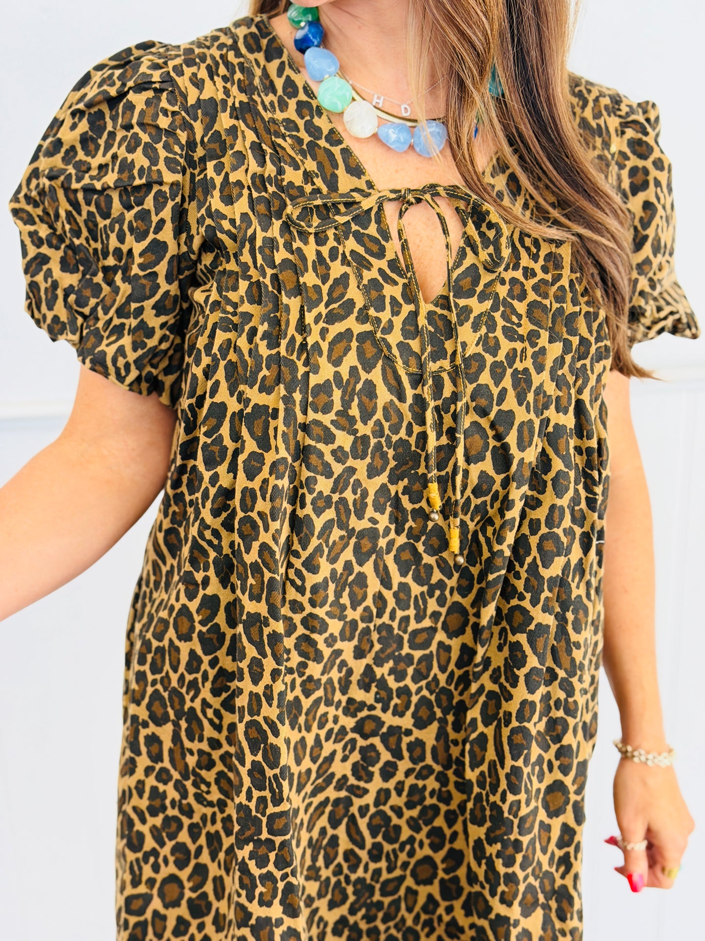 Taupe Leopard Print Smock Mini Dress (Reg & Plus)