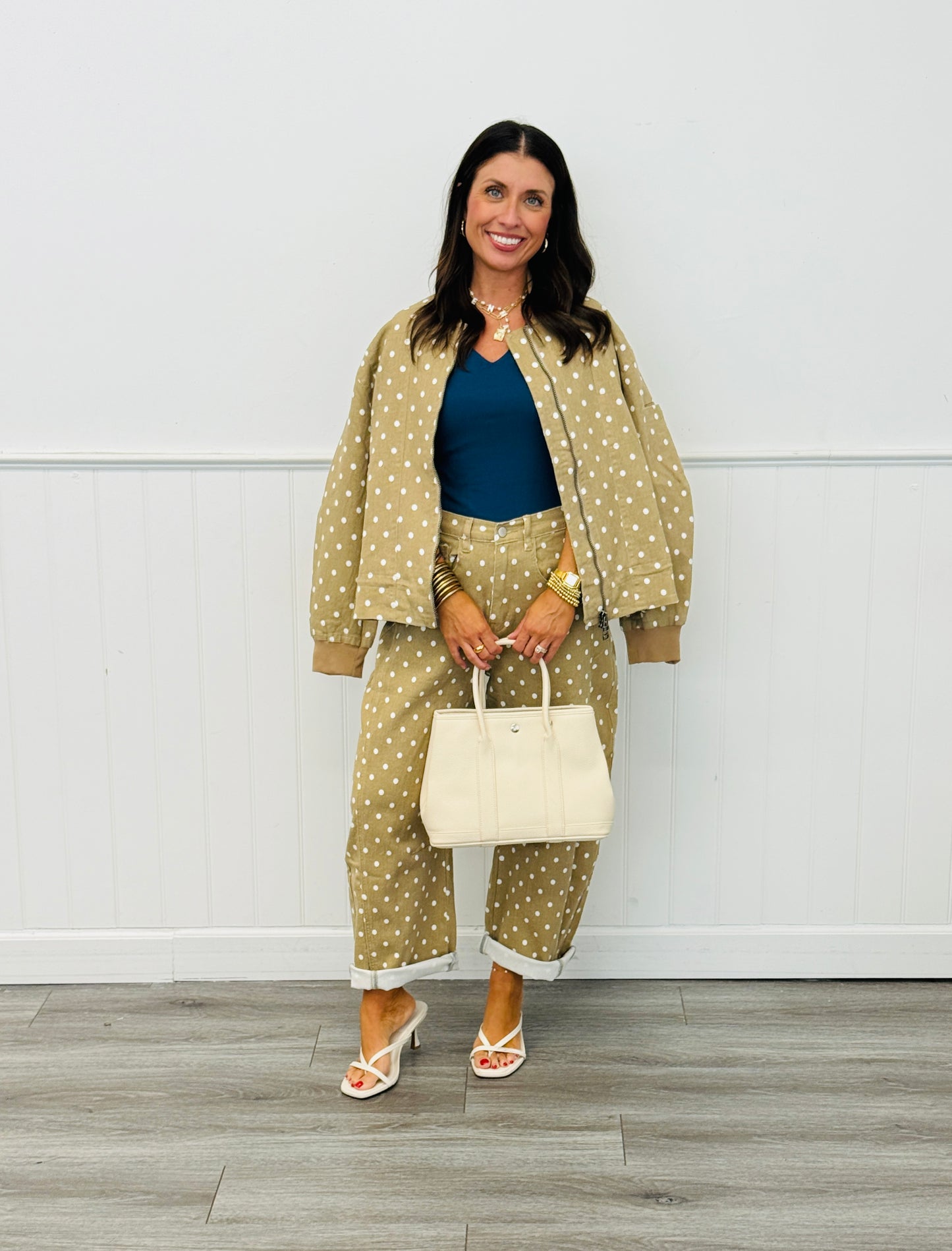 Taupe Polka Dot Zip Up Jacket (Reg. and Plus)