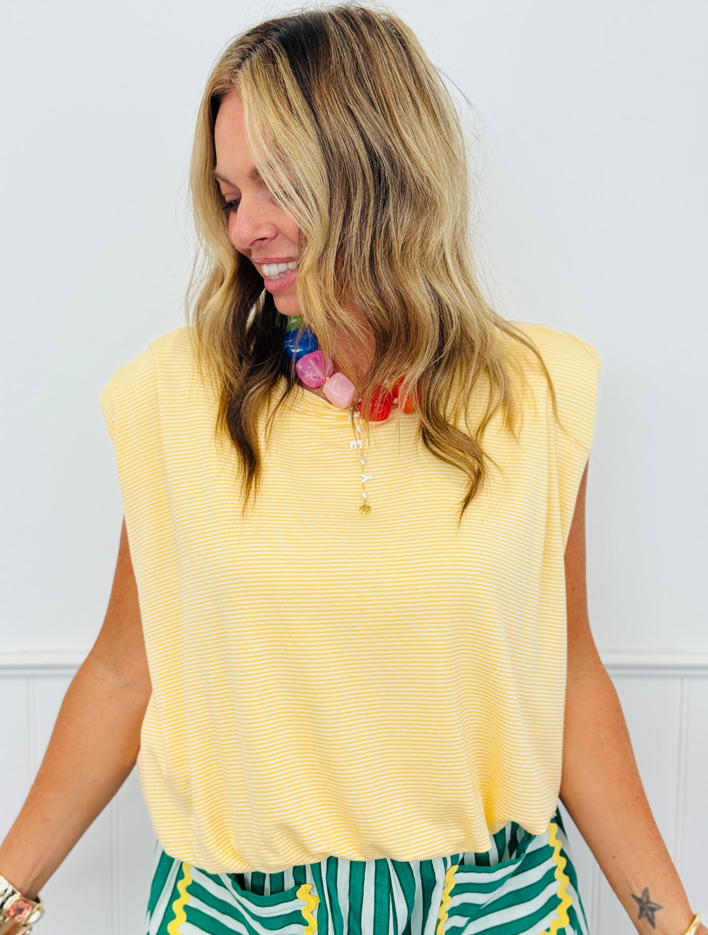 Striped Shoulder Pad Top (Reg & Plus)- 2 Colors