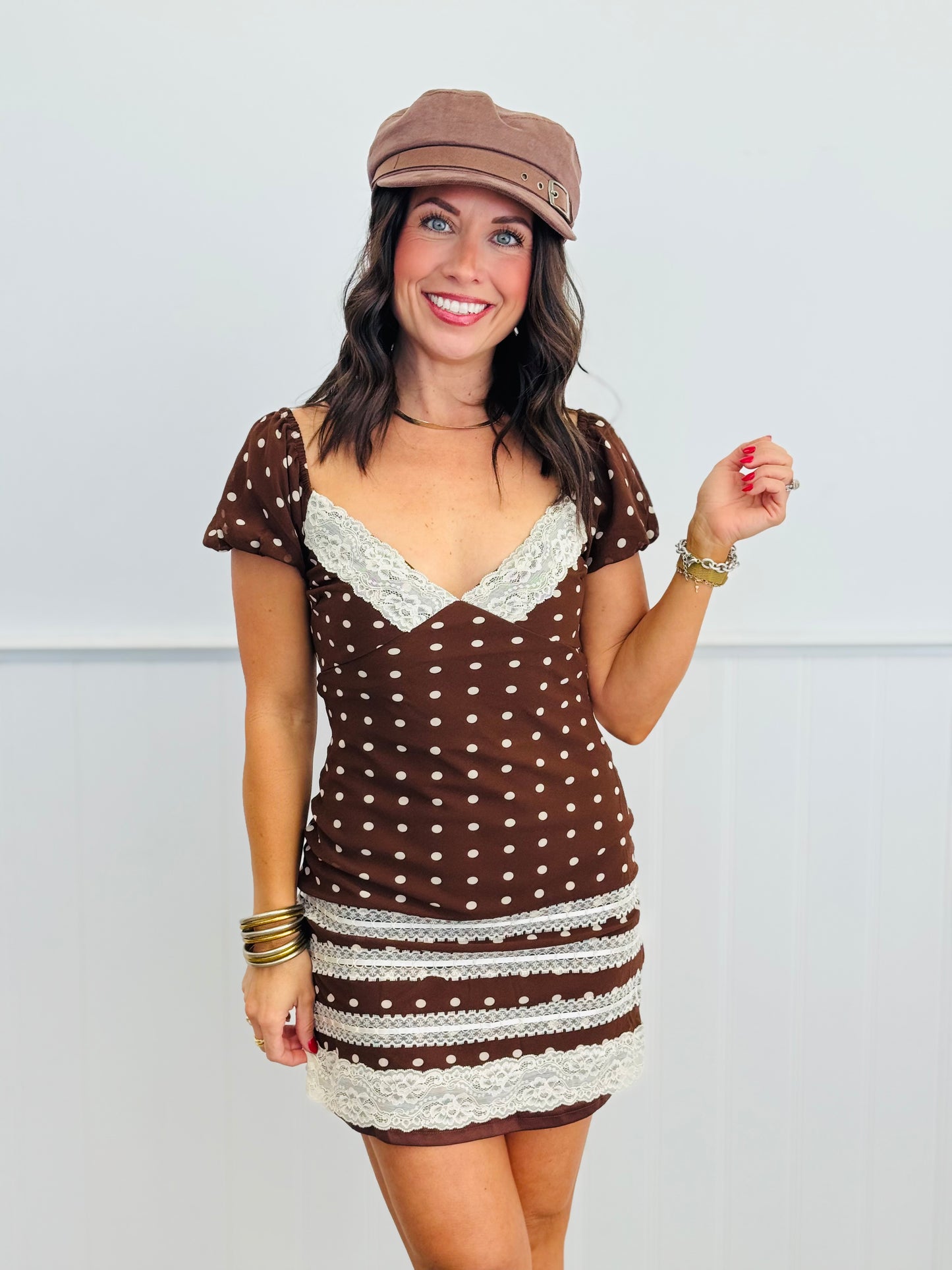 Brown Polka Dots & Lace Mini Dress (Reg.)