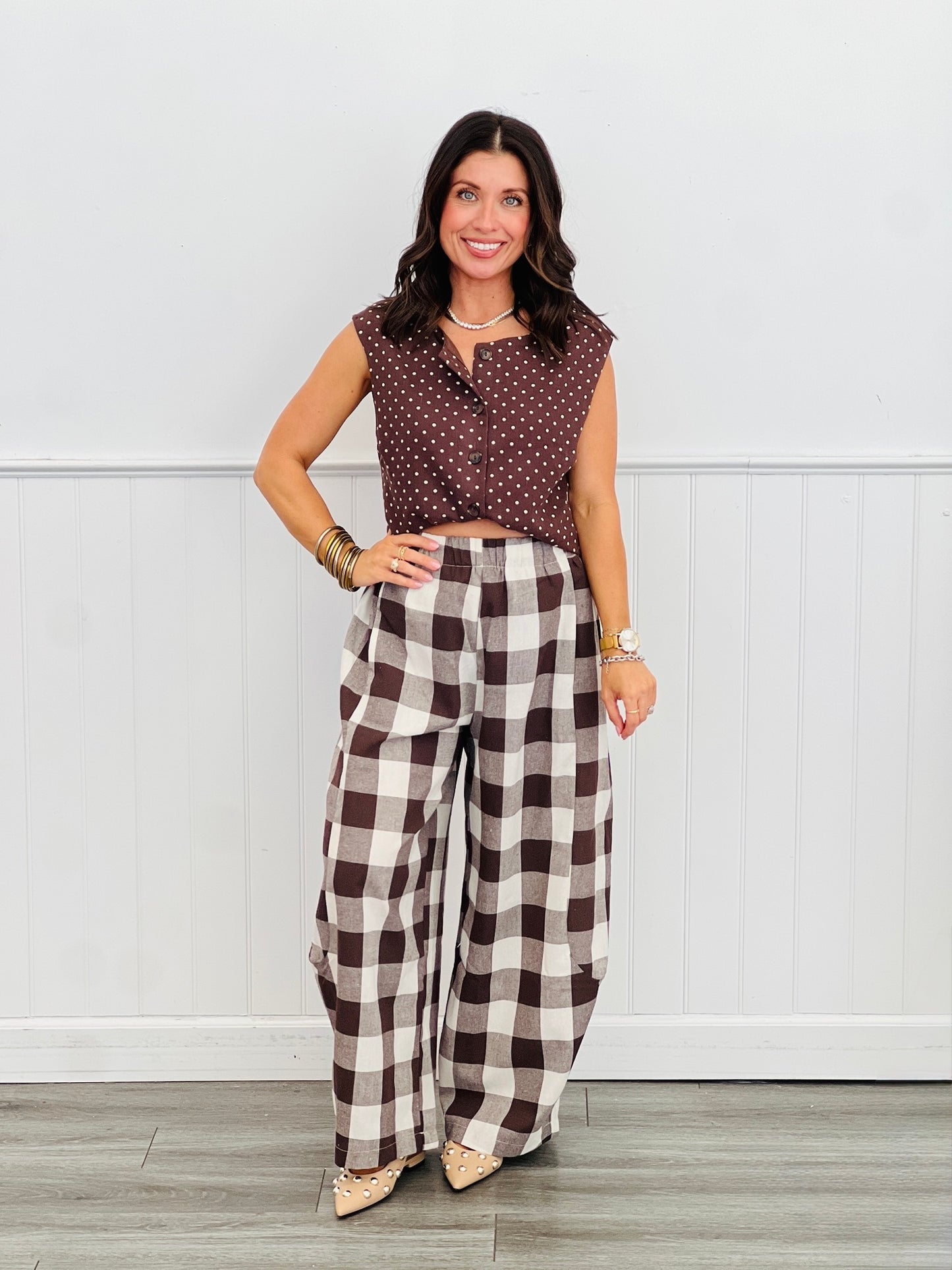 Brown/Ivory Polka Dot Sleeveless Blouse (Reg.)