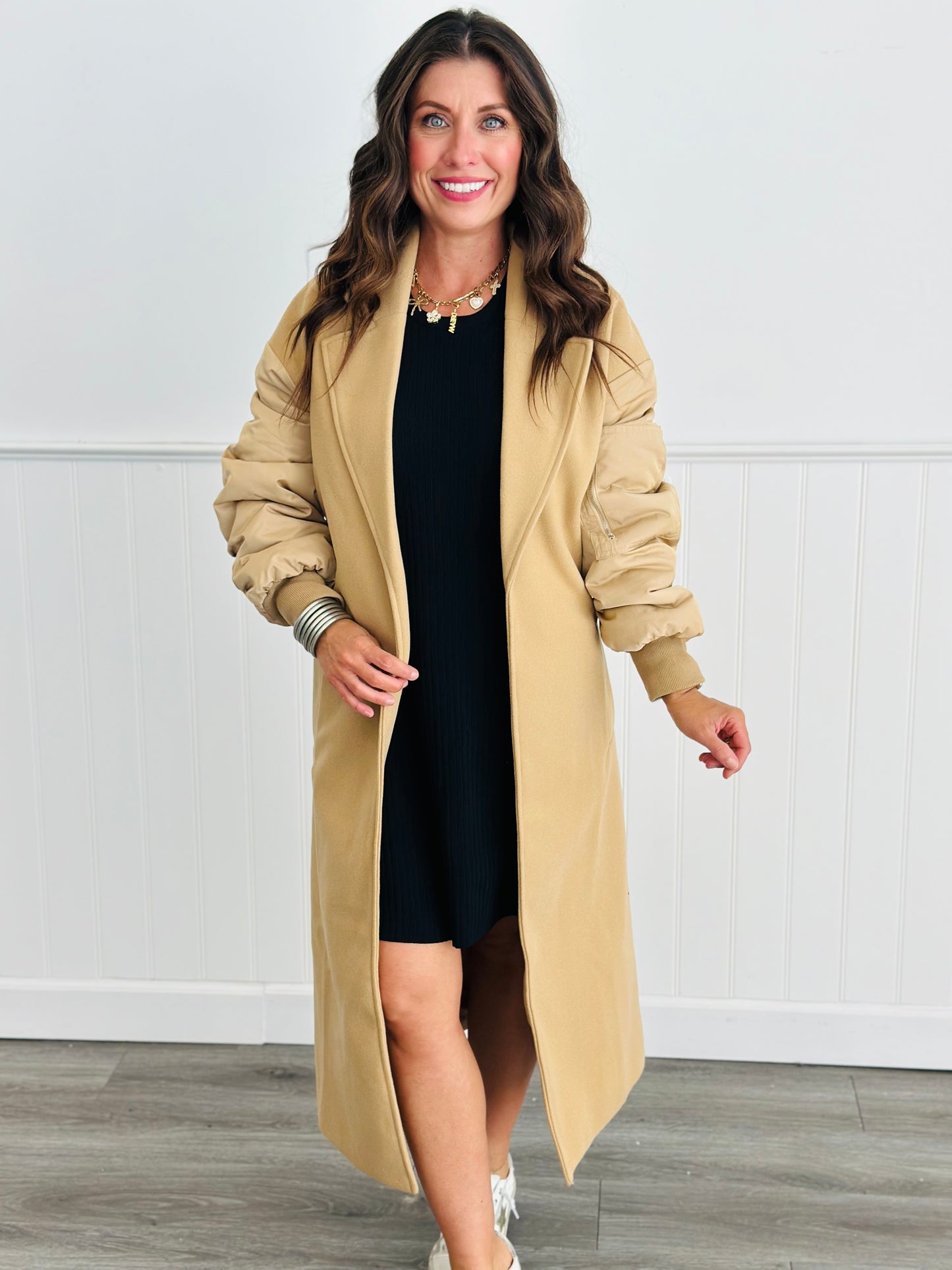 Sand Tie Waist Bomber Midi Coat (Reg. and Plus)