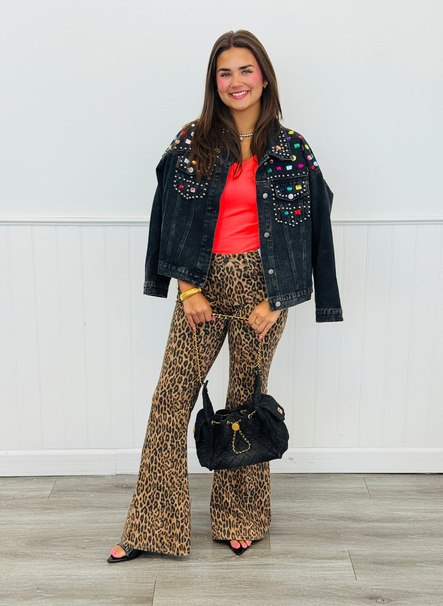 Black Denim Studded Jewels Button Up Jacket (Reg. and Plus)
