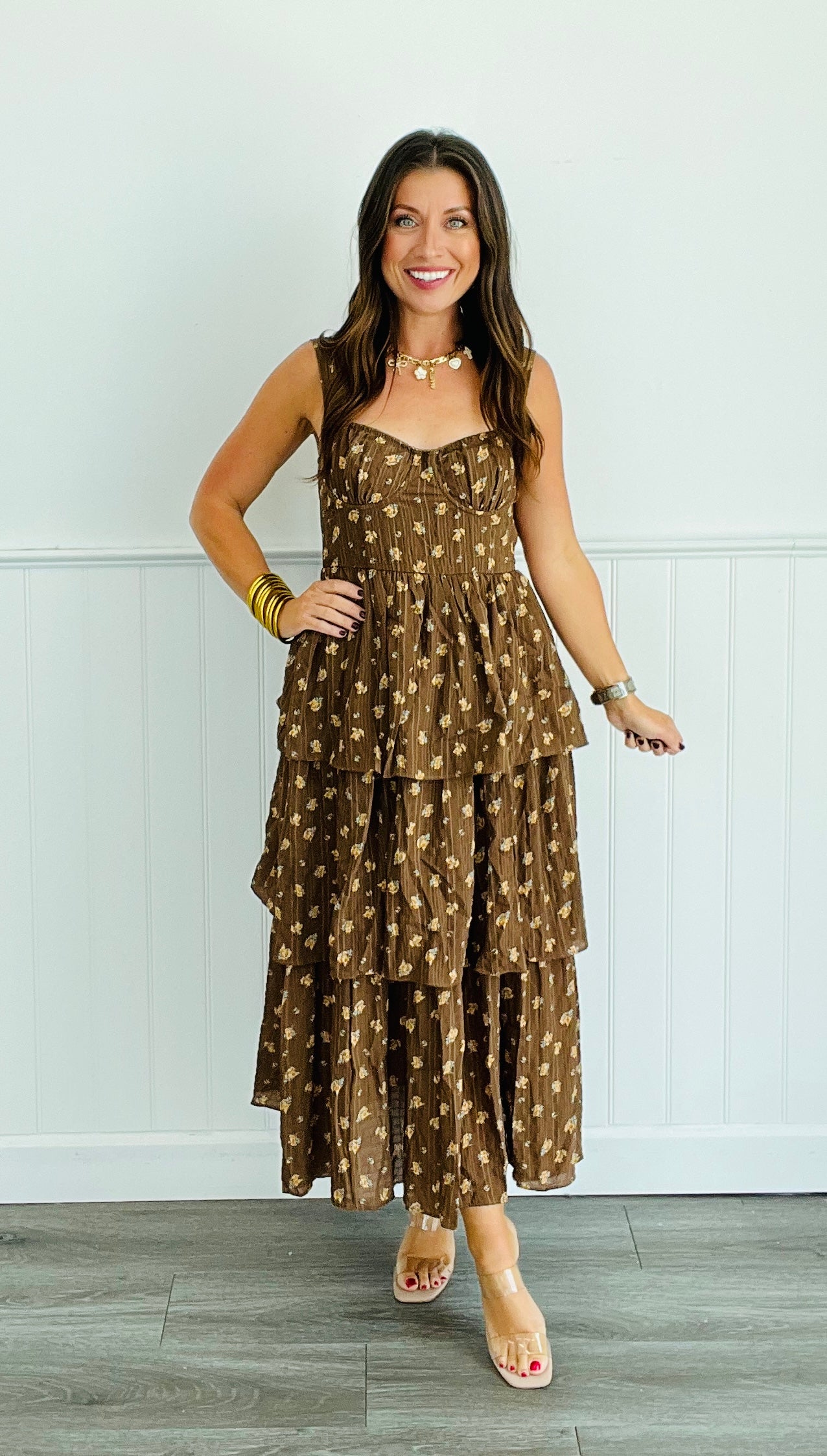 Brown Floral Tiered Midi Dress (Reg)