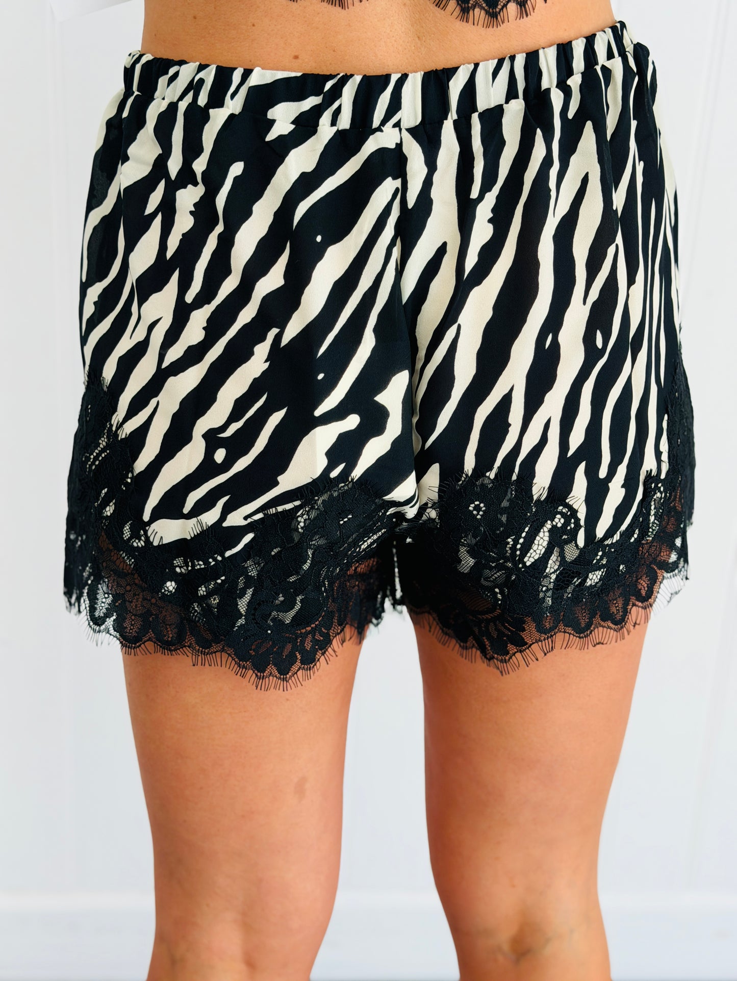 Black Zebra Print Lace Trim Shorts (Reg.)