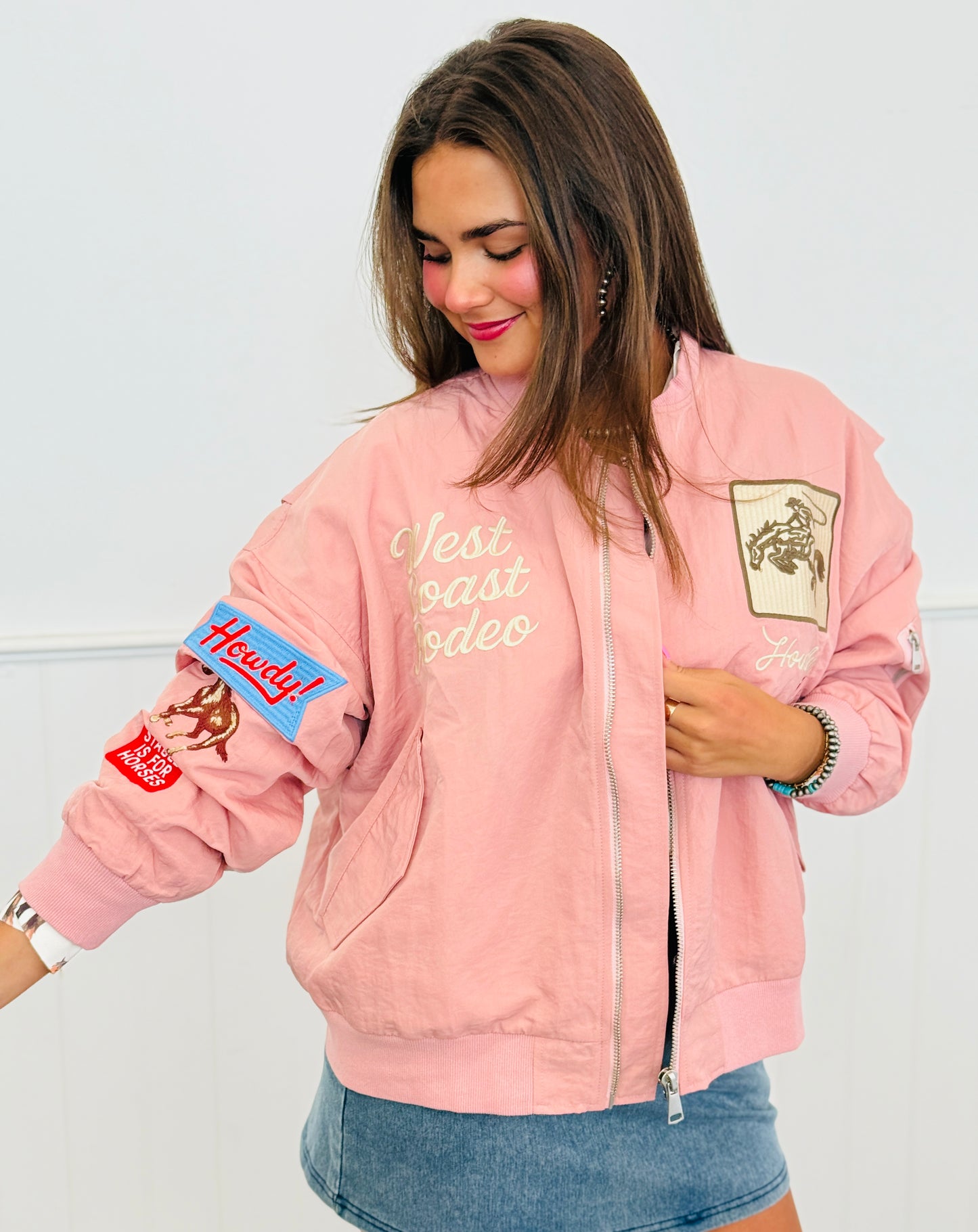 Pink West Coast Rodeo Embroidered Bomber Jacket (Reg & Plus)