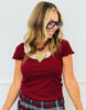 Maroon Lace Trim Short Sleeve Top (Reg. and Plus)