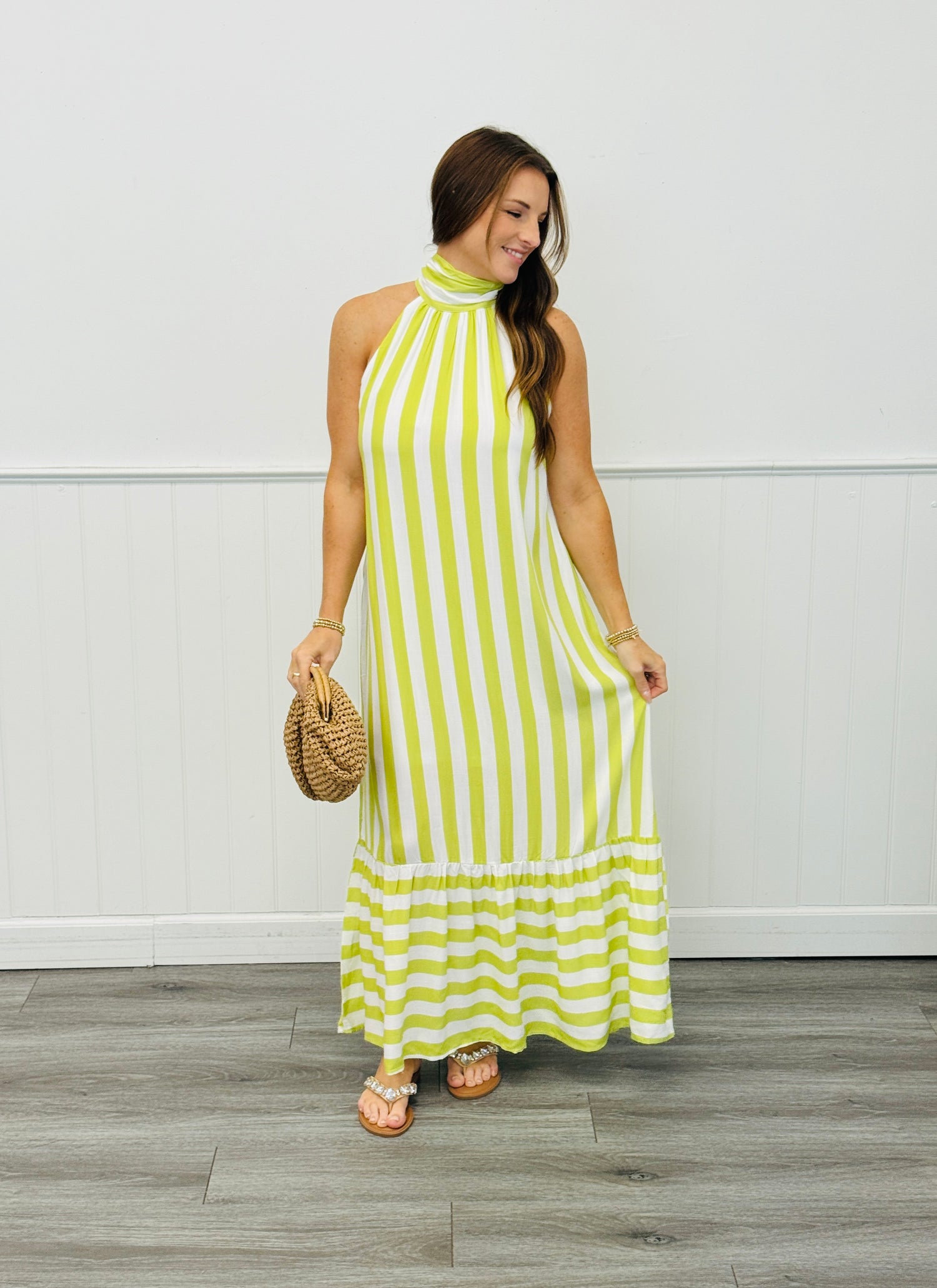 Lime Striped Halter Neck Maxi Dress (Reg.) Walker Rose Boutique Lime Striped Halter Neck Maxi Dress (Reg.) Walker Rose Boutique