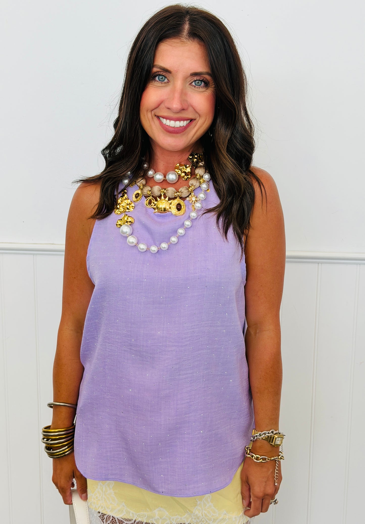 Lavender Rhinestone Sleeveless Blouse (Reg. and Plus)