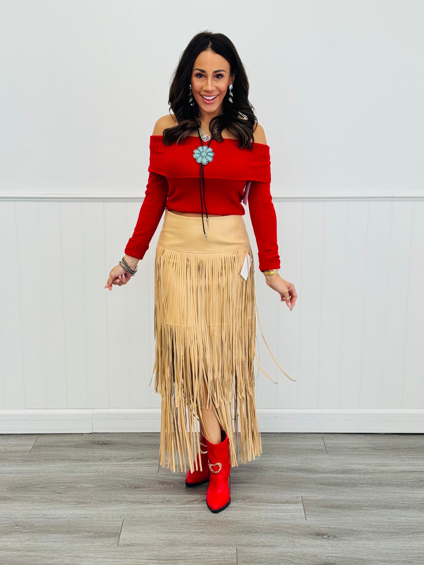 Taupe Faux Leather Fringe Maxi Skirt (Reg.)