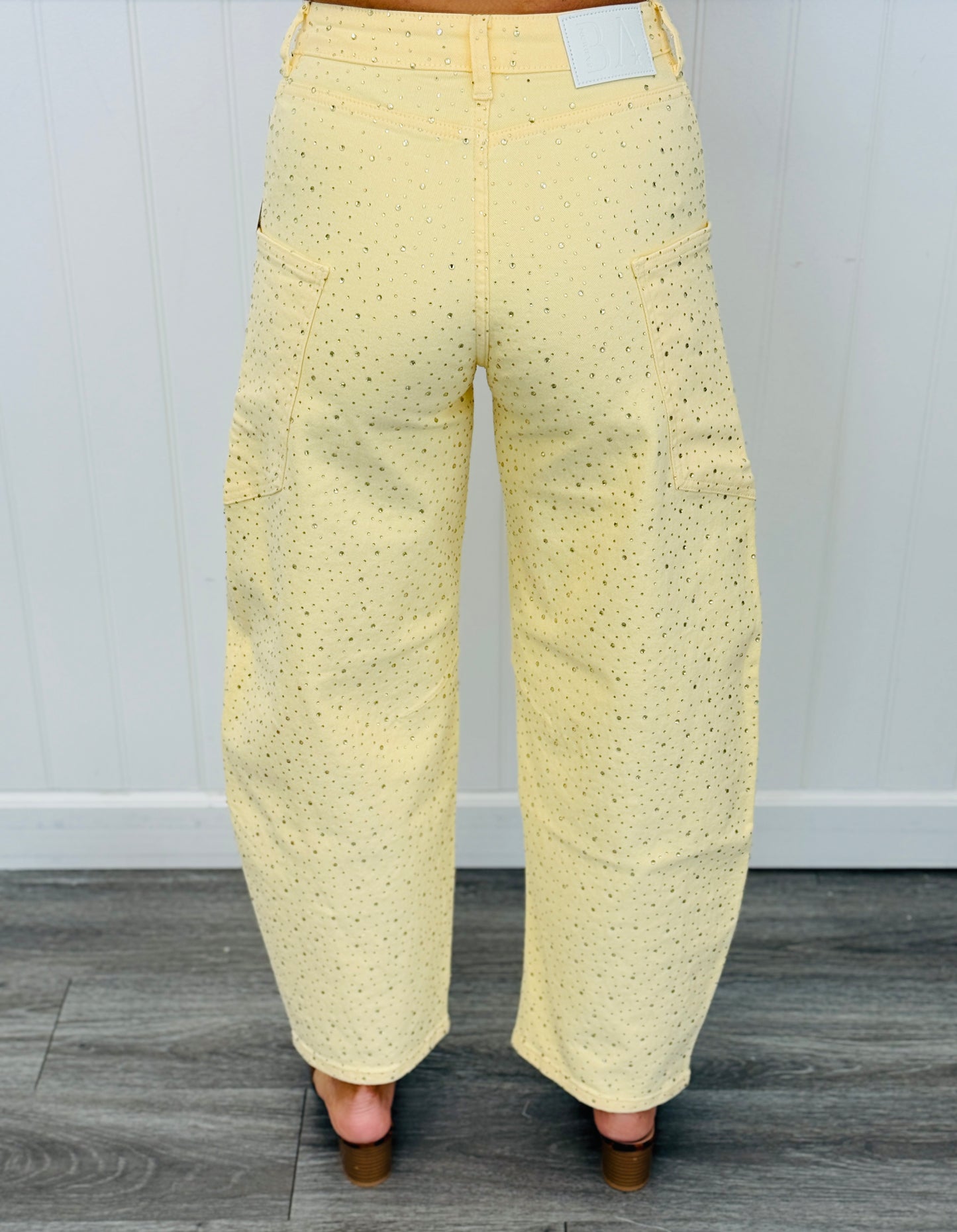 Yellow Rhinestone Embellished Barrel Leg Jeans (Reg.)