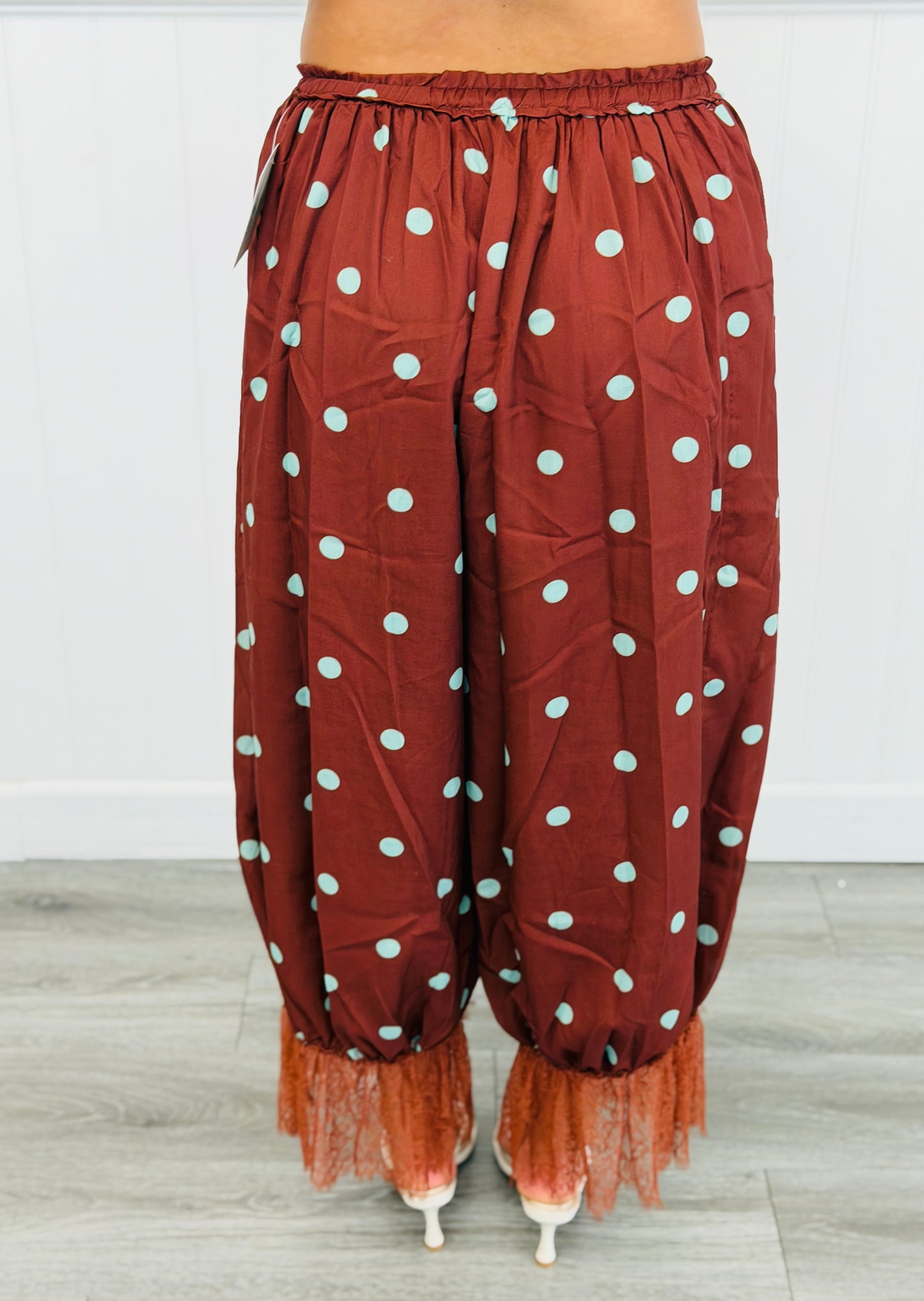 Brown/Mint Polka Dot Lace Trim Drawstring Pants (Reg.)