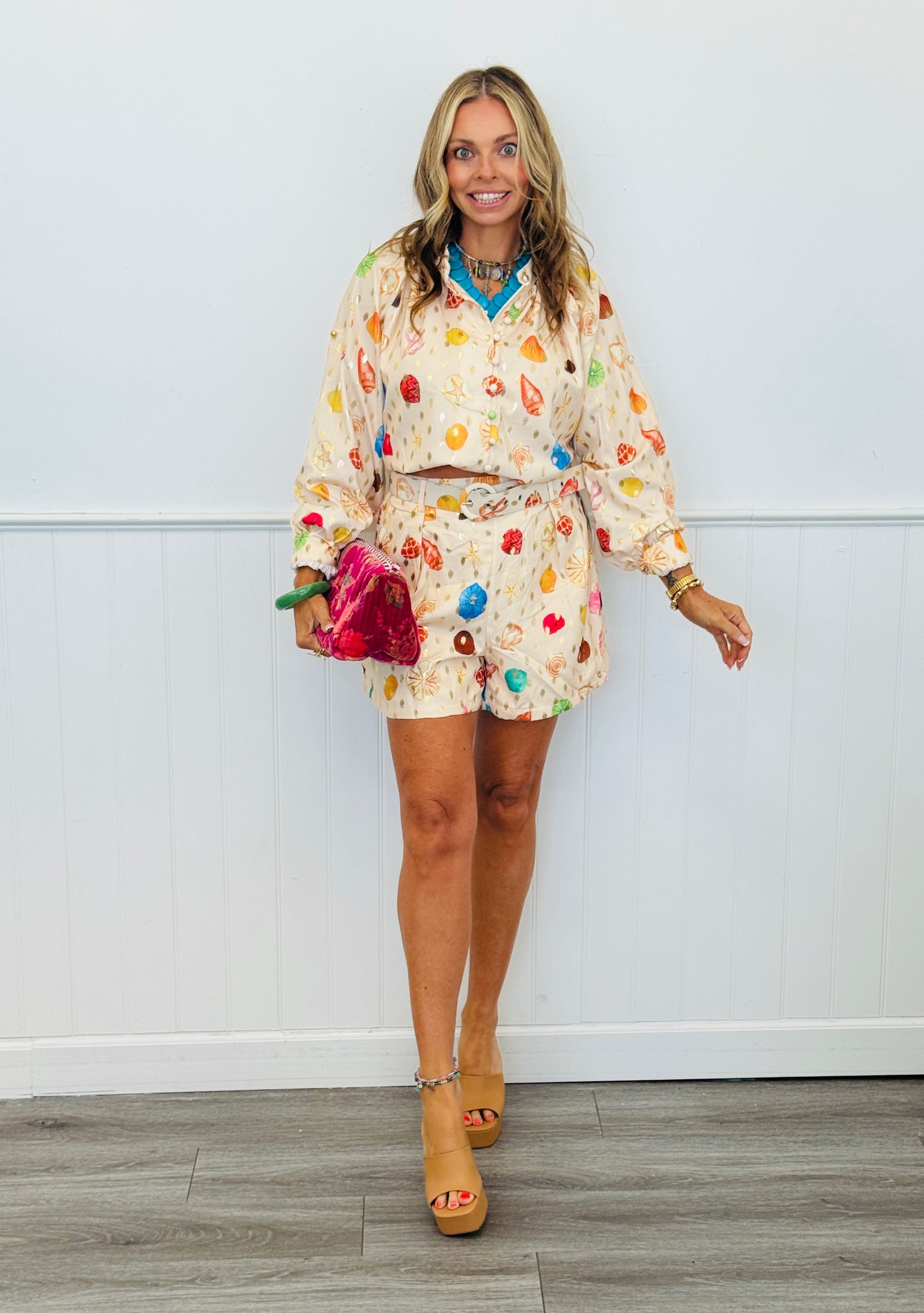 Gold Spotted Sea Print Button Up Top & Shorts Set (Reg. and Plus)