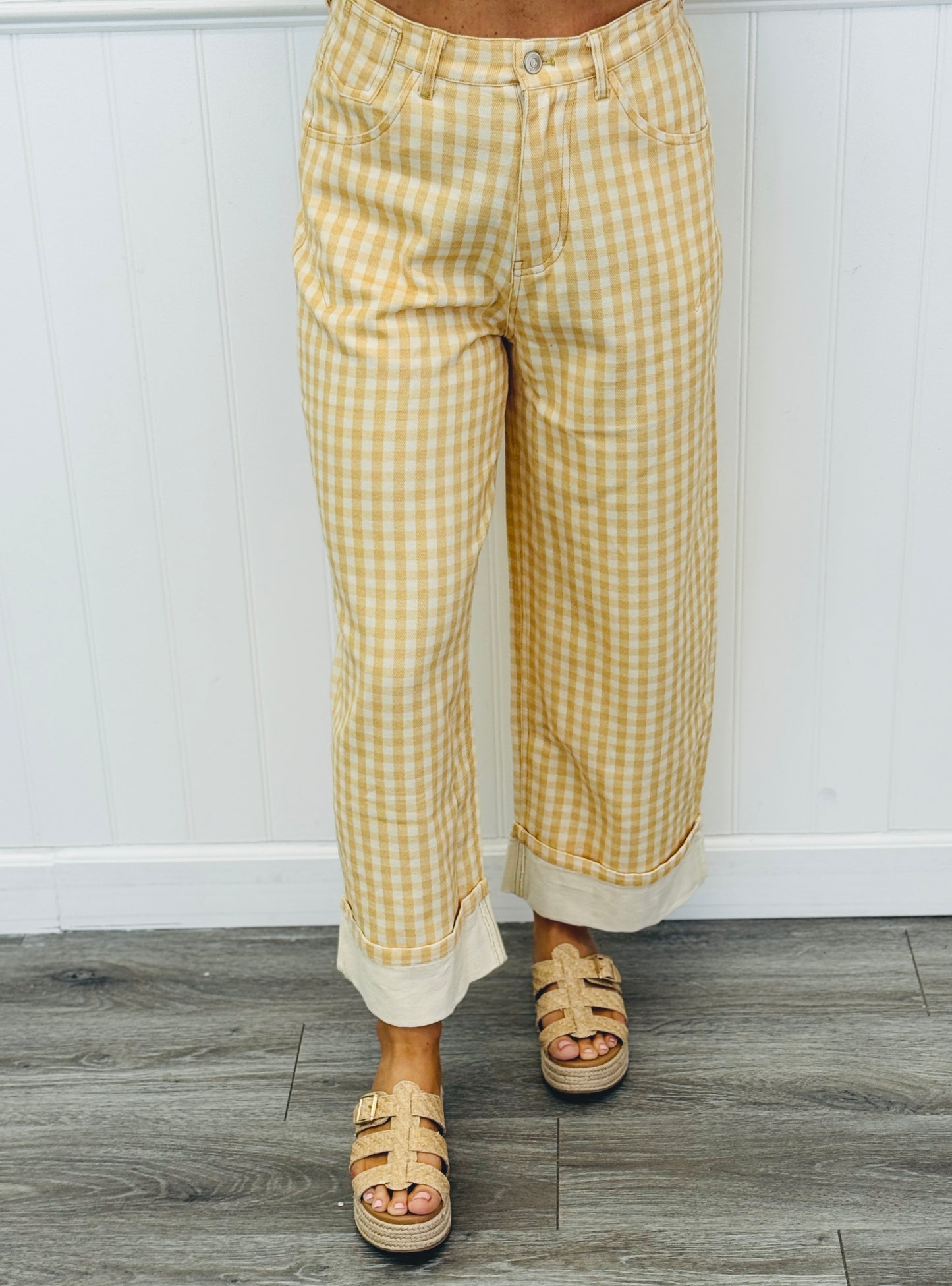 Lt. Yellow Gingham Barrel Jeans (Reg.)
