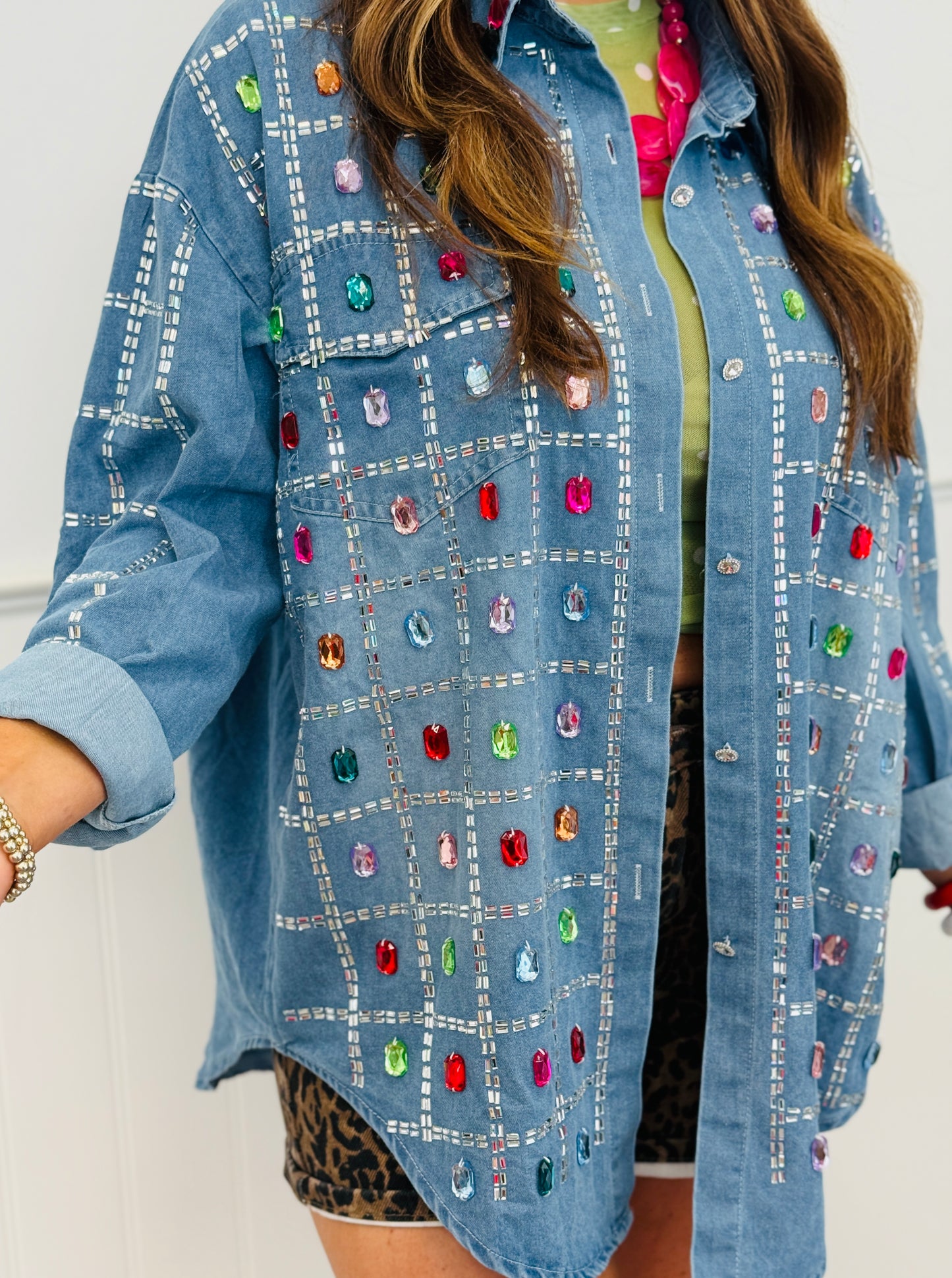 Denim Multi Crystal & Rhinestone Shacket (One Size)