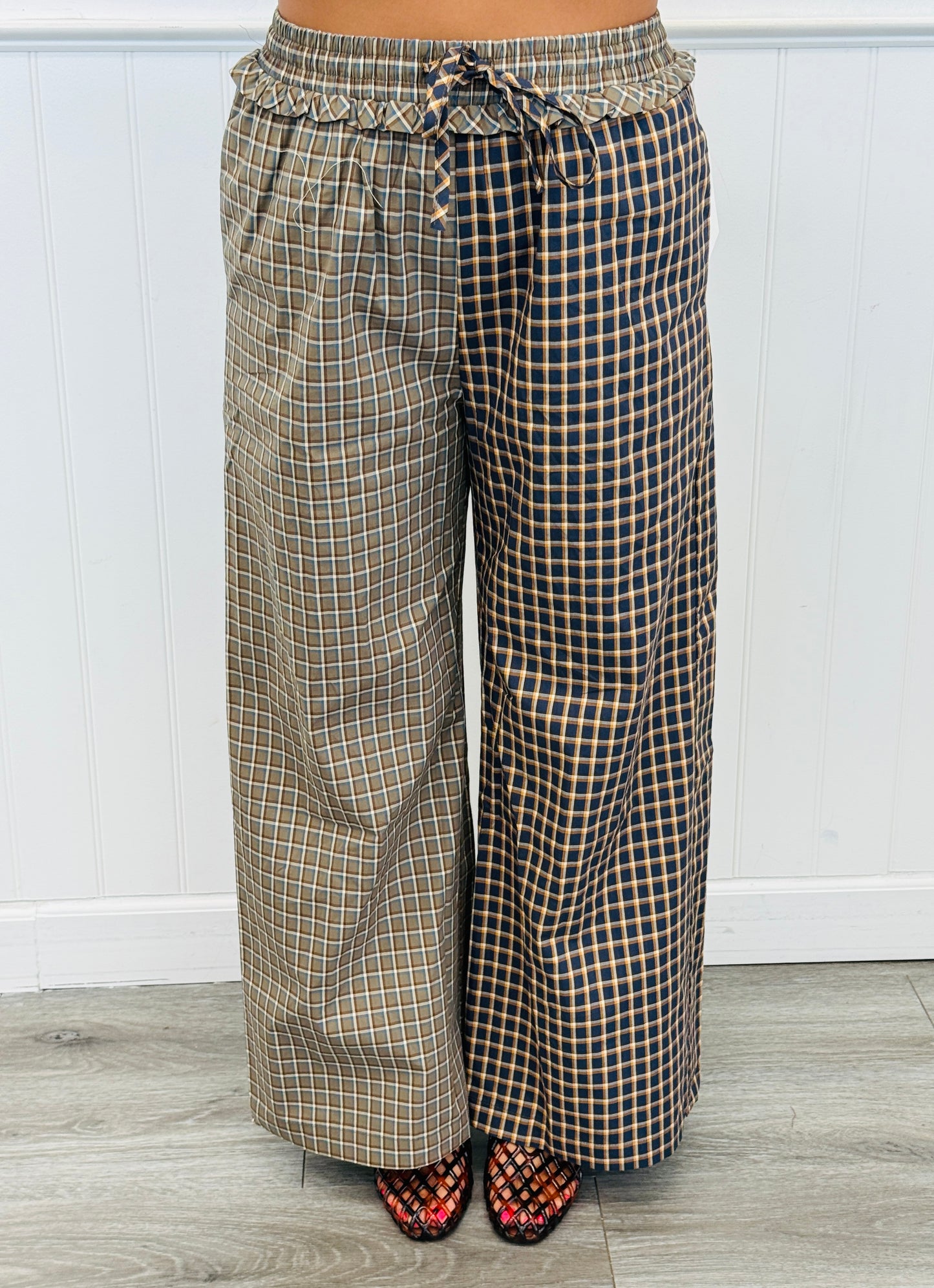 Olive Combo Check Wide Leg Pants (Reg.)